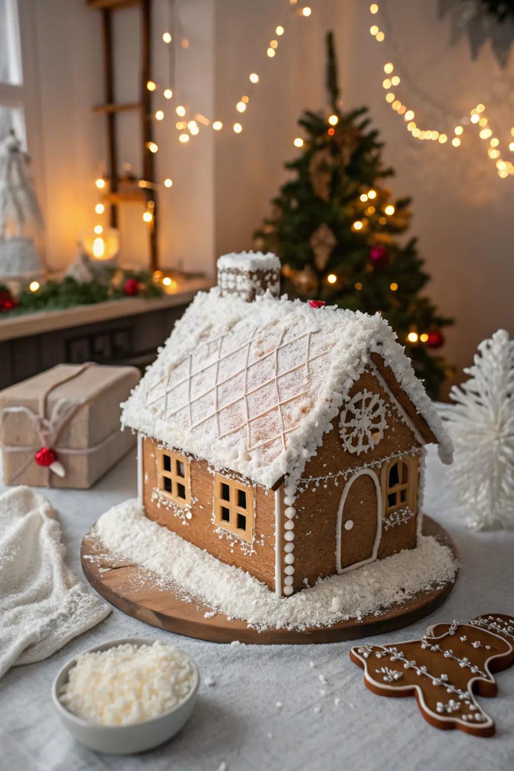 A cocoa shred snow-blanketed gingerbread rooftop.