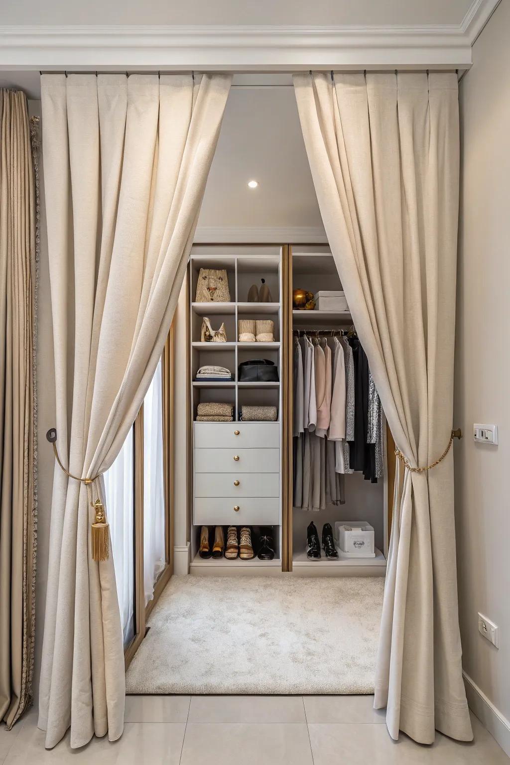 Drapes offer a stylish substitute for wardrobe doors.