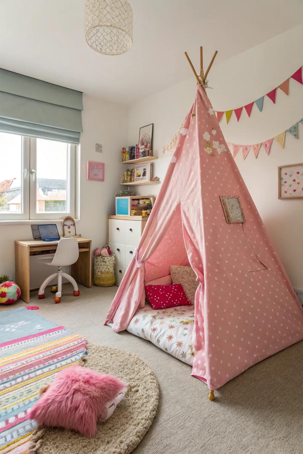 A cone shelter offers a playful hideaway.