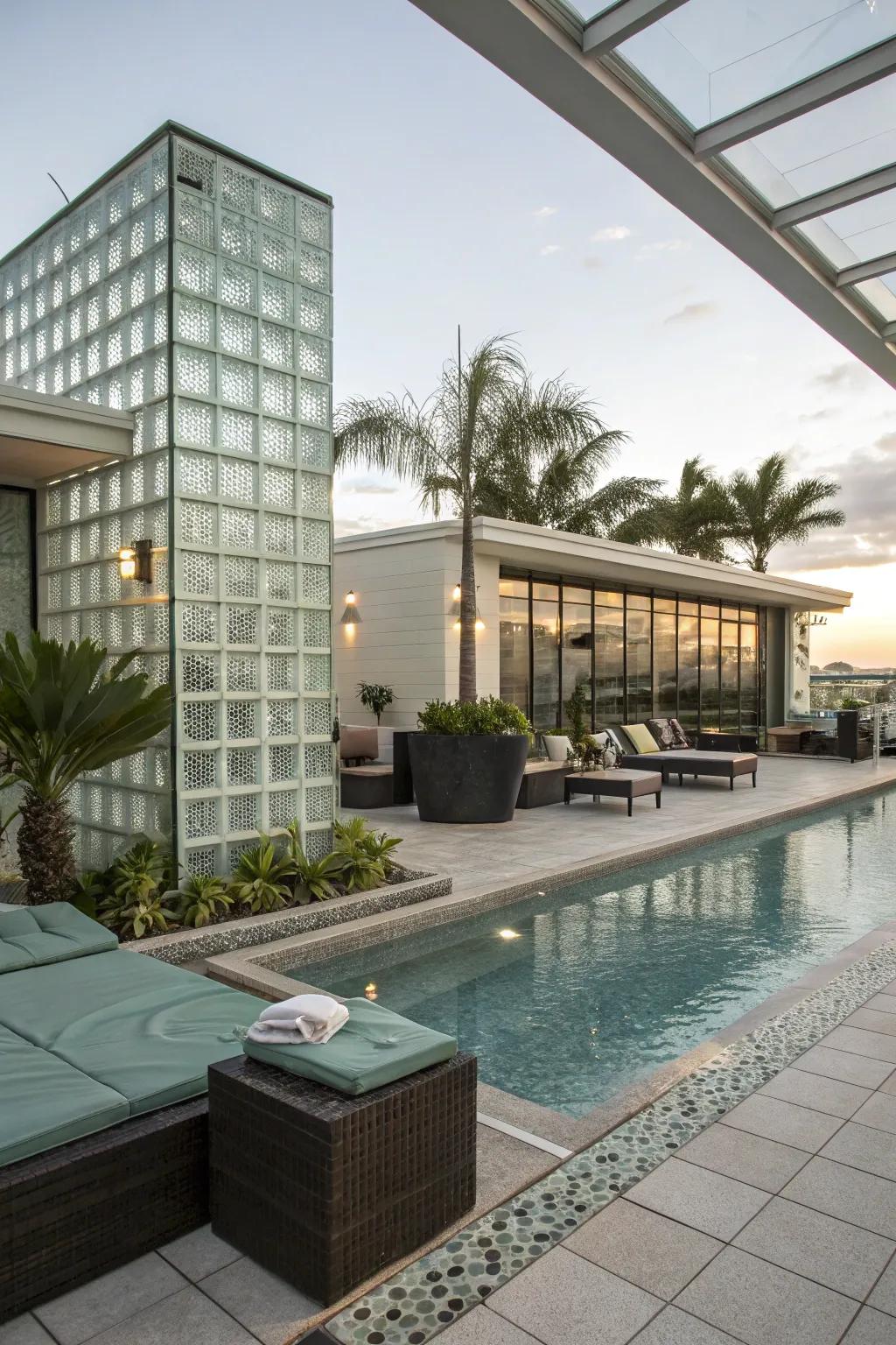 An outdoor pool area showing crystal cube features, which adds simple and modern design parts.