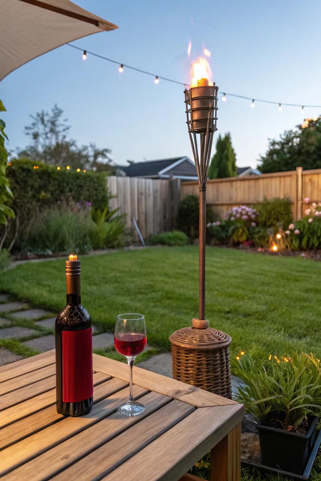 A wine bottle turned Tiki torch, ideal for summer evenings.
