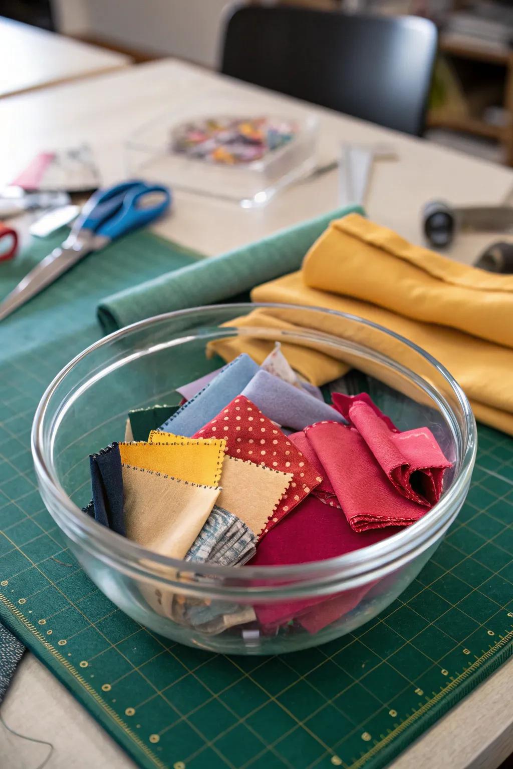 A tactile show of fabric and surfaces in a glass bowl.