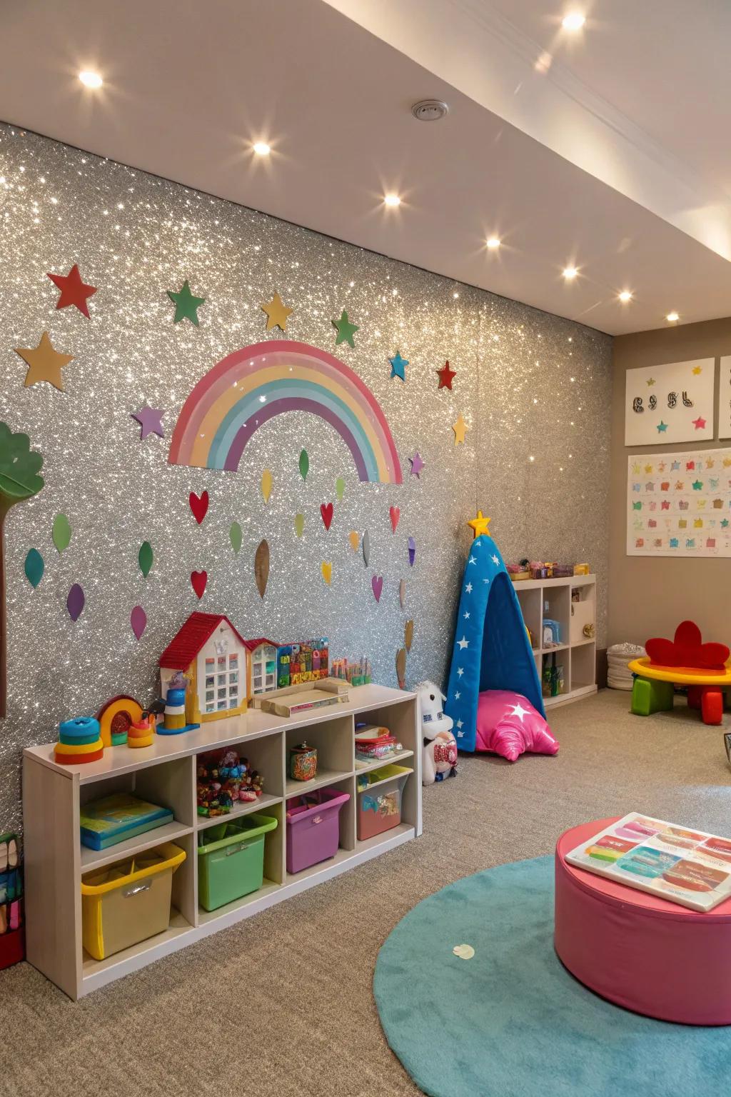 A shimmer accent wall adds fun to a children's playroom.