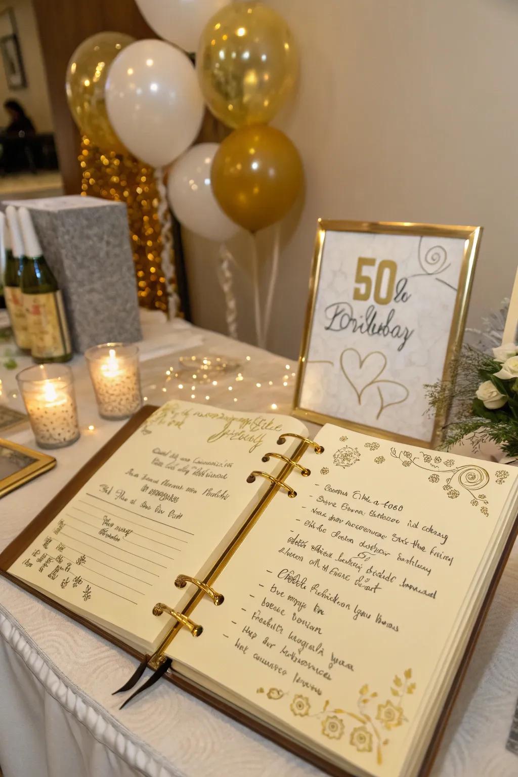 A gilded registry collects heartfelt notes from beloved friends and family.