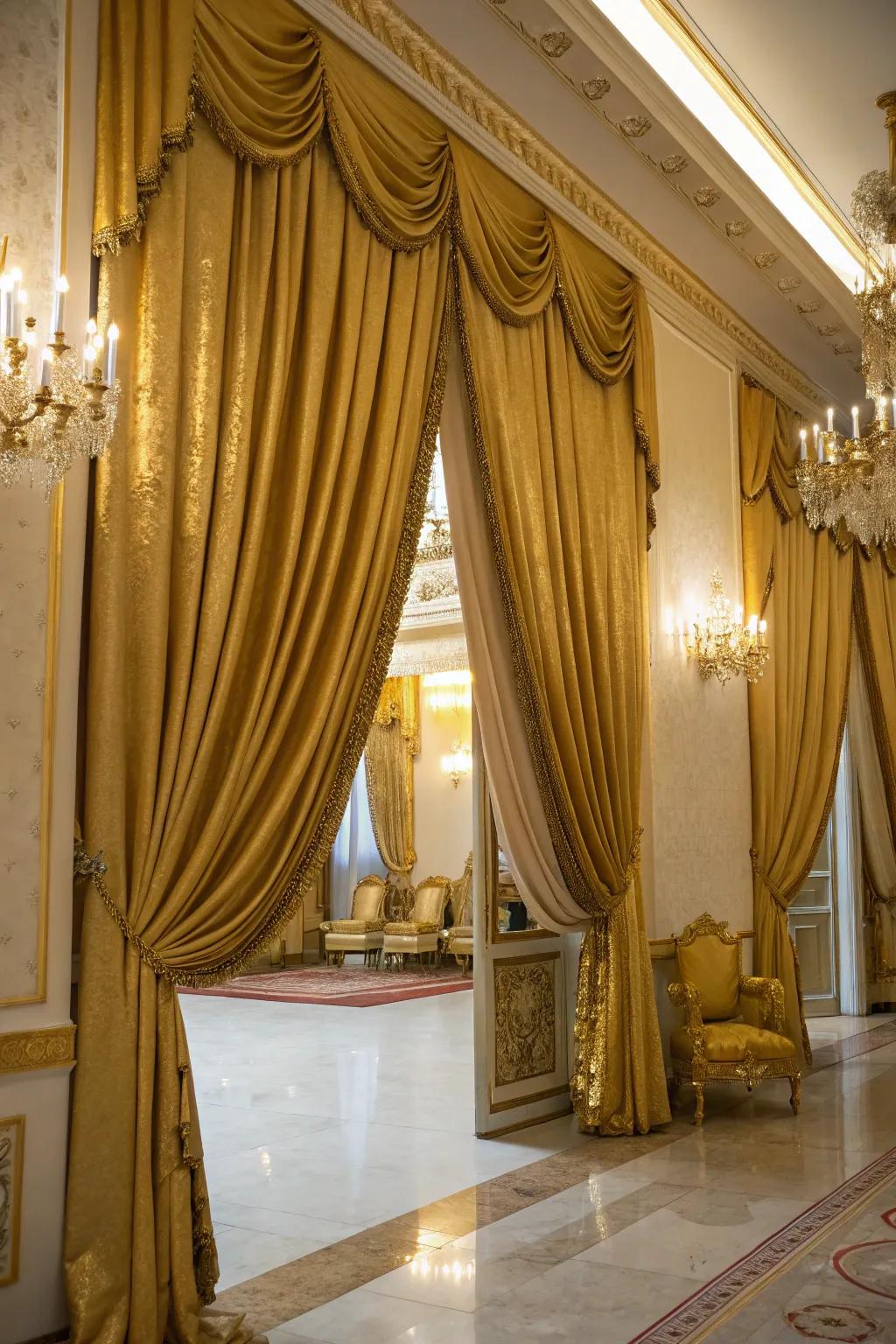 Drapes in gold convert a space into a refined and regal setting.