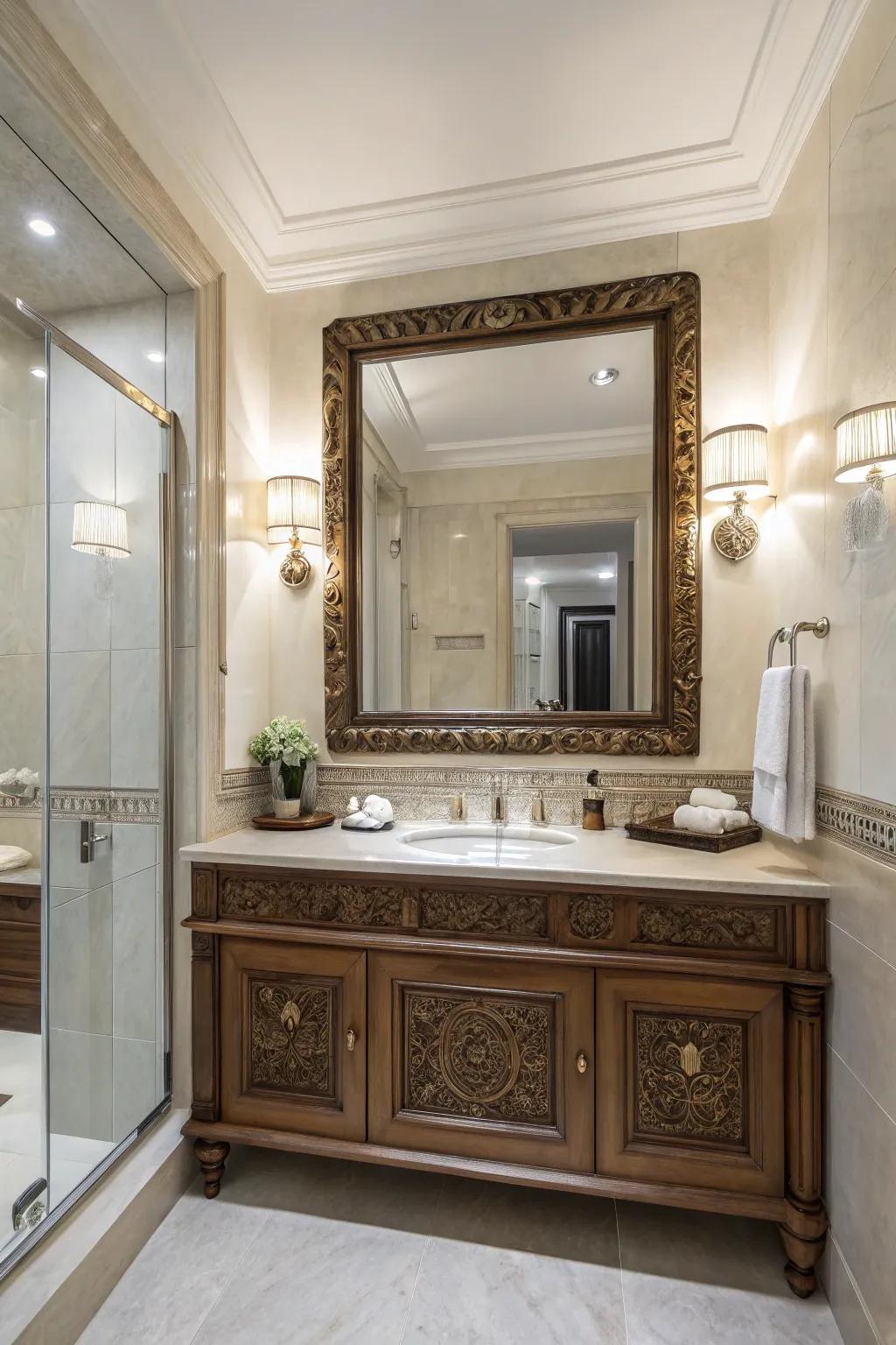 A statement mirror serves as a stunning focal point.