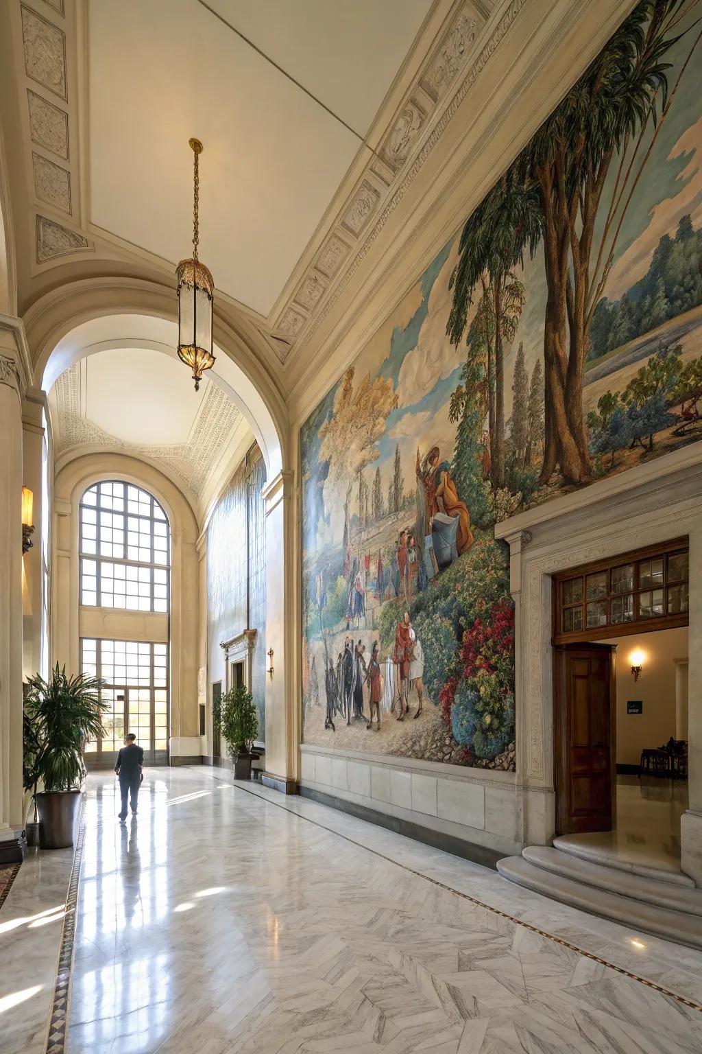 A hand-painted mural contributes a personal and artistic nuance to a majestic entryway.