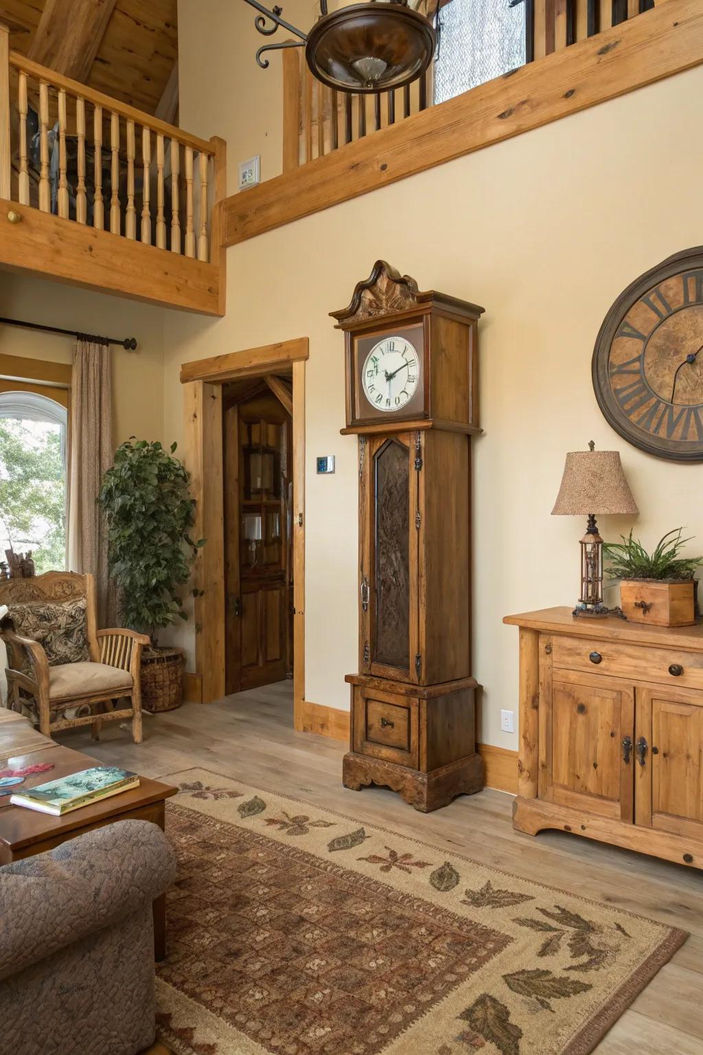 A longcase clock enhances the rustic appeal of a cozy escape.