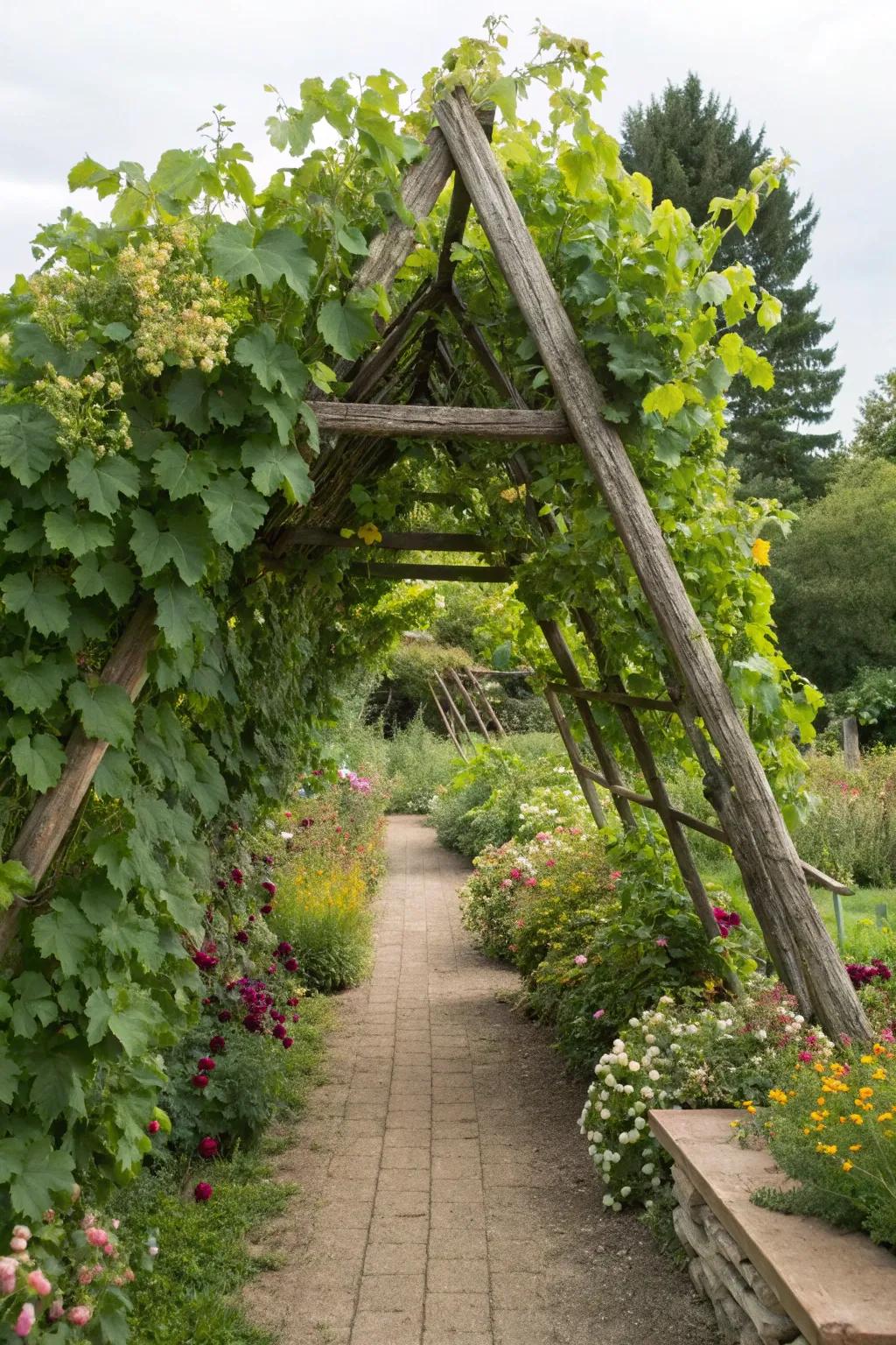 Triangular supports offer simplicity and efficiency for grape growing.