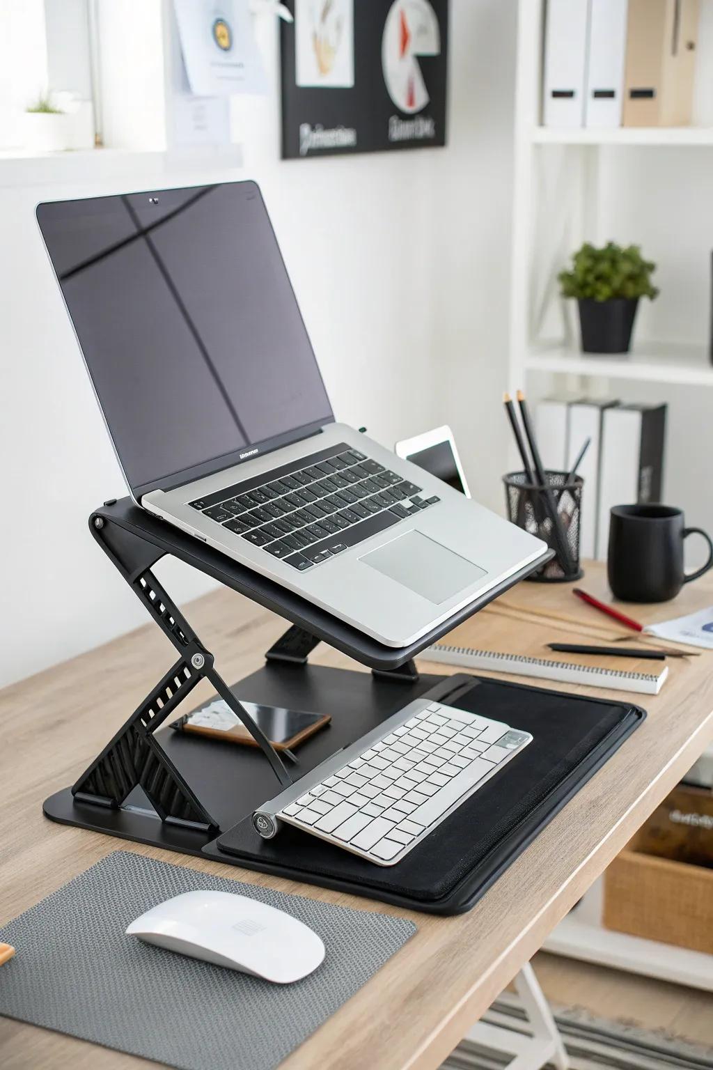 A laptop stand improves posture and comfort for extended use.