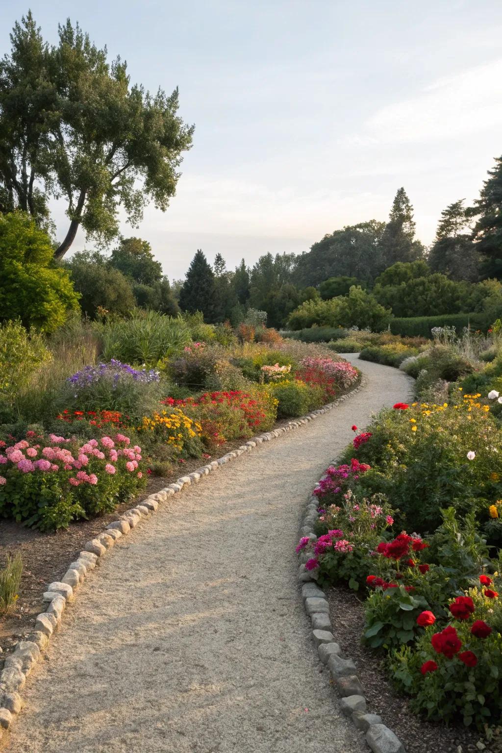 Routes of organic design traversing a pebble garden bed