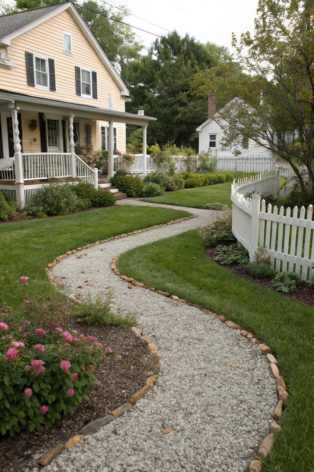 Gravel pathways guide and connect yard spaces naturally.