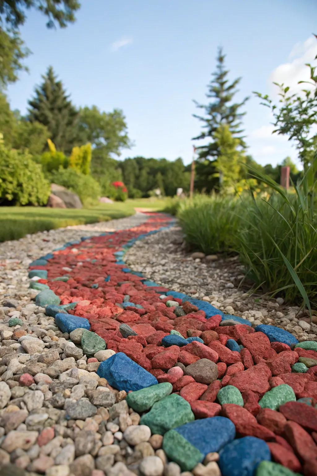 Colorful gravel adds flair to a path.