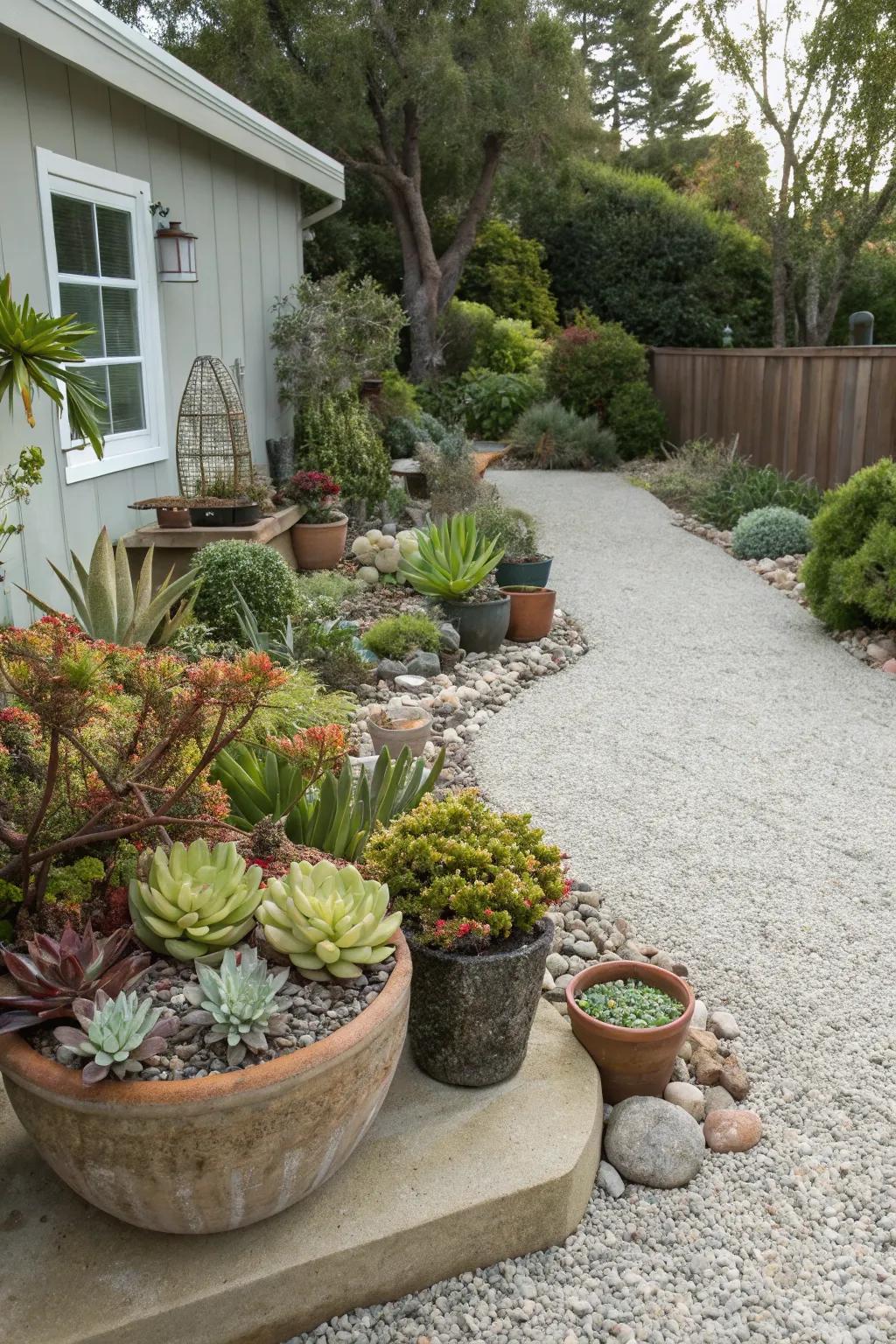 A gravel patio adorned using a beautiful succulent garden.