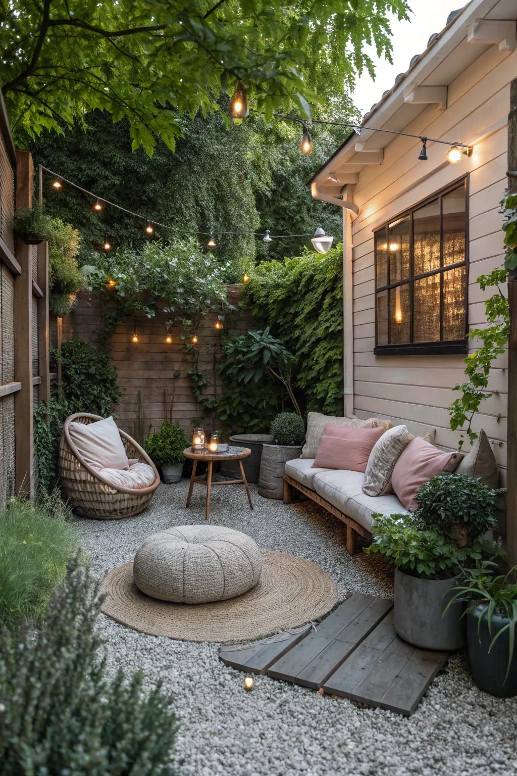 A serene nook with gravel flooring, perfect for relaxation.