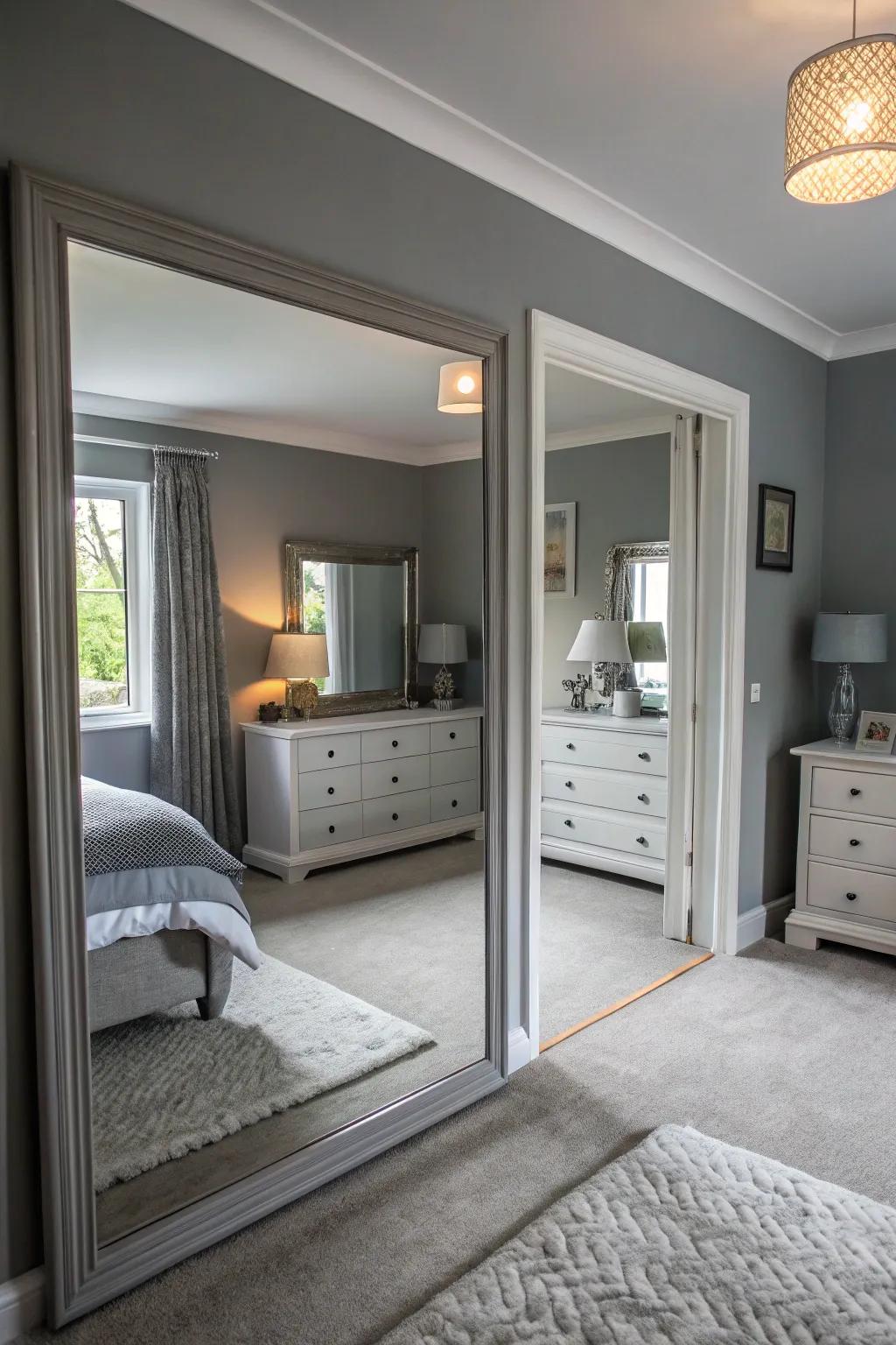 Mirrors amplify light and space in a gray-themed room.
