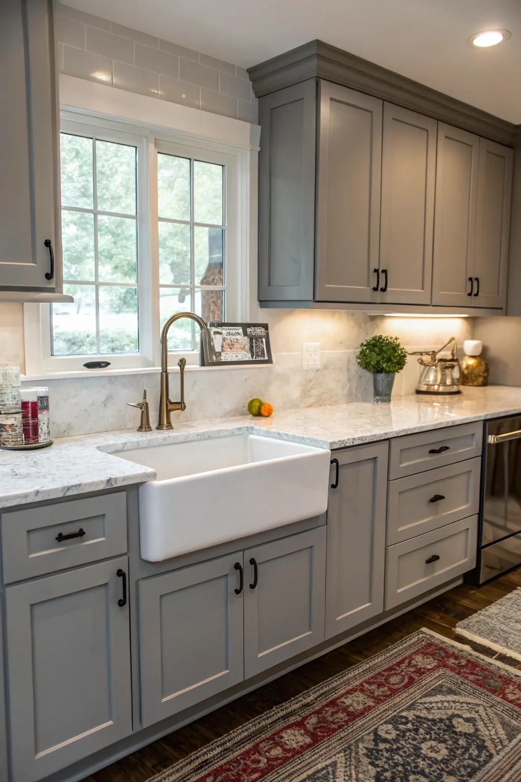 In this kitchen, the rustic charm of gray cabinets is enhanced by a farmhouse sink.