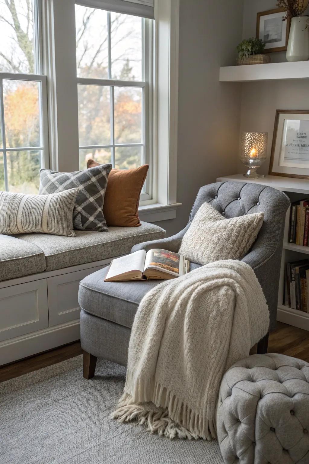 A cozy nook is a great place to relax in a gray room.