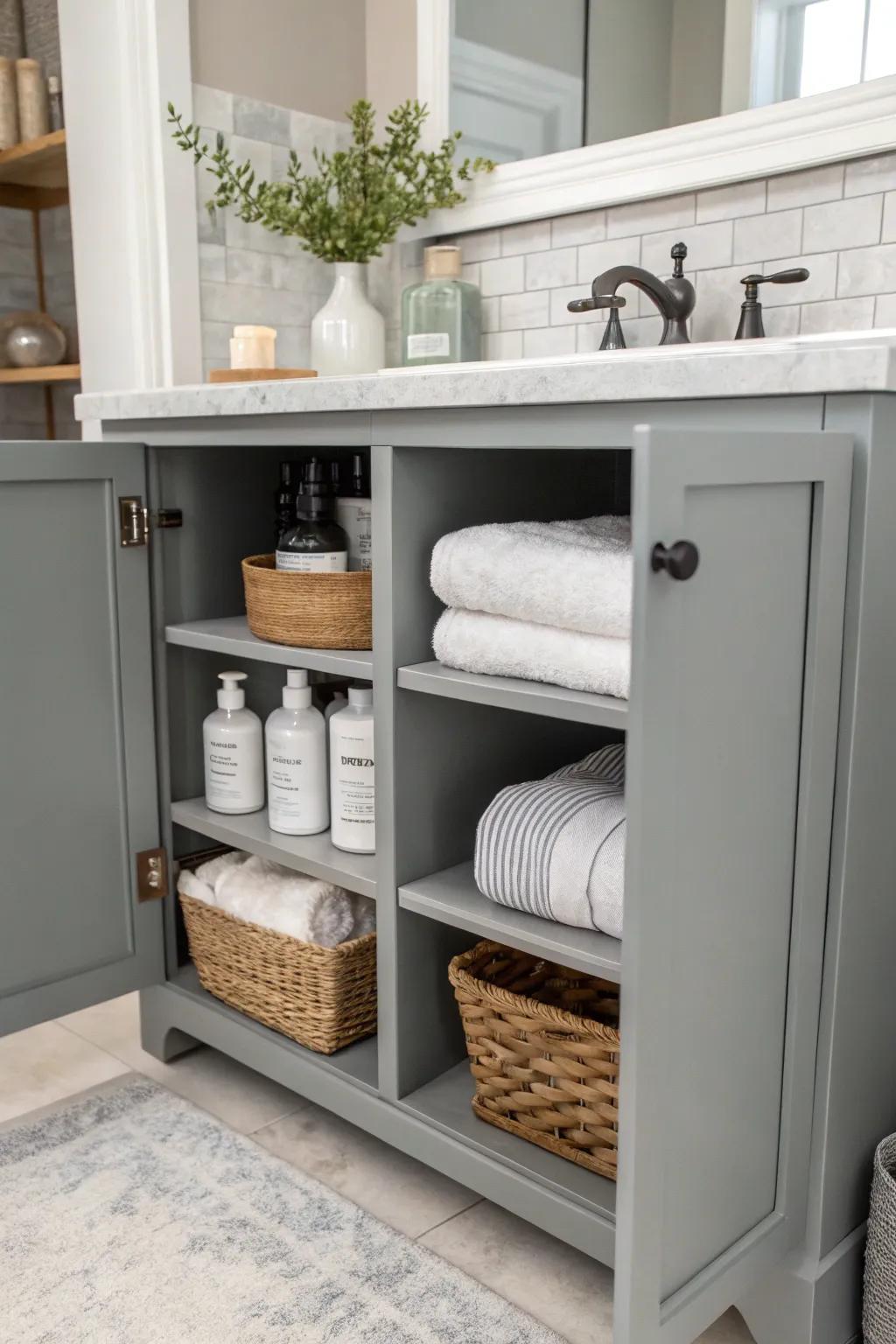 A practical lavatory design with a gray stand and open shelving.