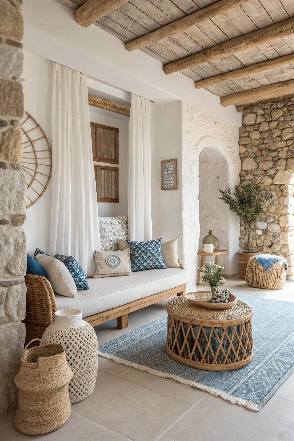 Aegean and Japandi fusion fashions a serene and cohesive space.