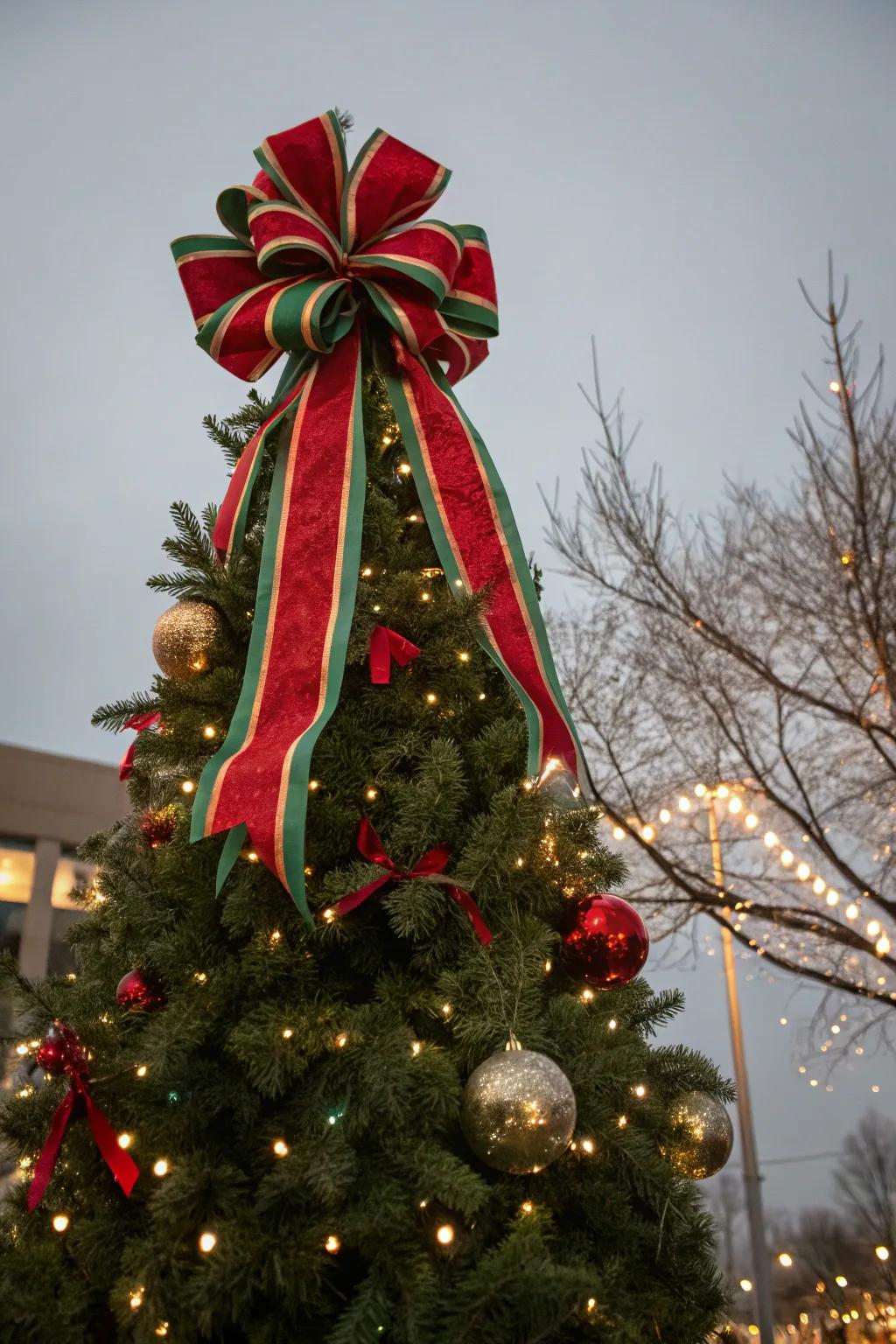 A Christmas tree featuring an unconventional crimson and emerald bow crown.