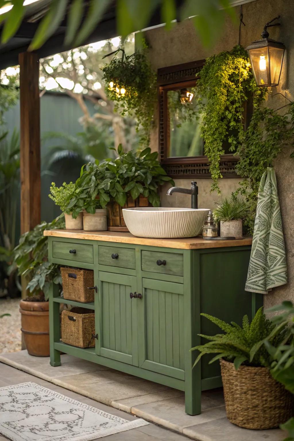 Green vanity with natural elements creating a tranquil area.