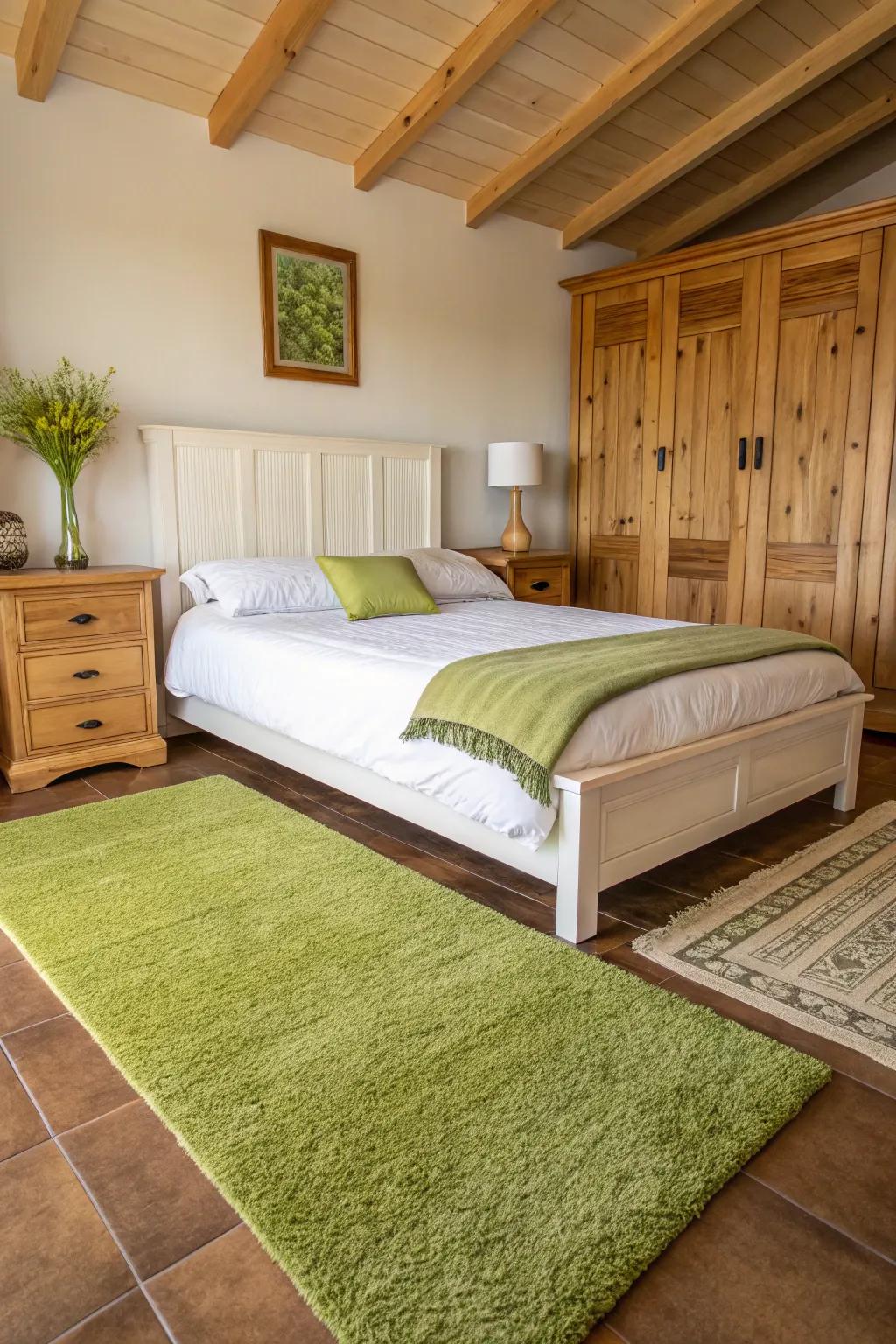 A green floor covering anchors the space and offers warmth to the touch.