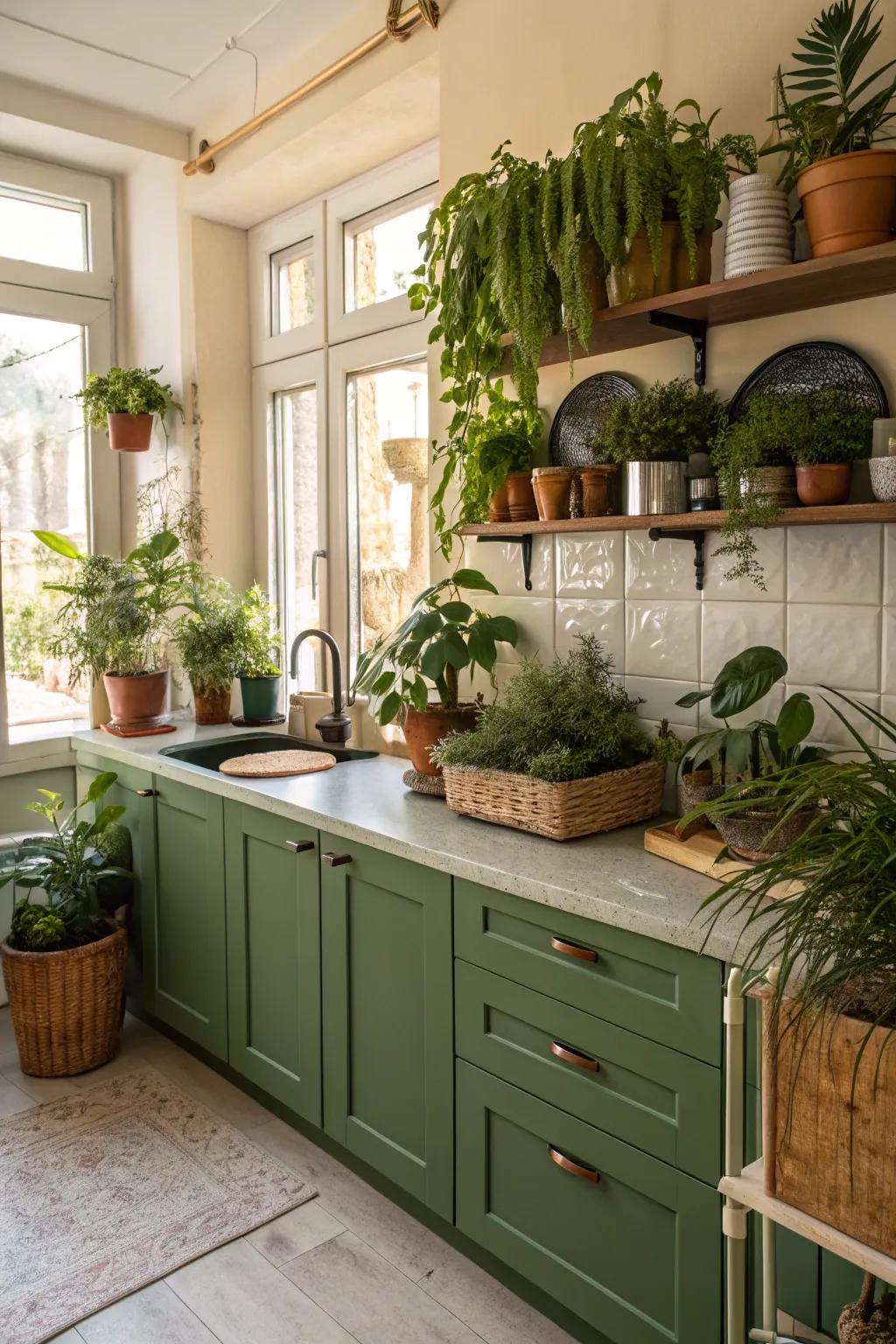 Green cabinets and plants fashion a botanical-inspired culinary space.