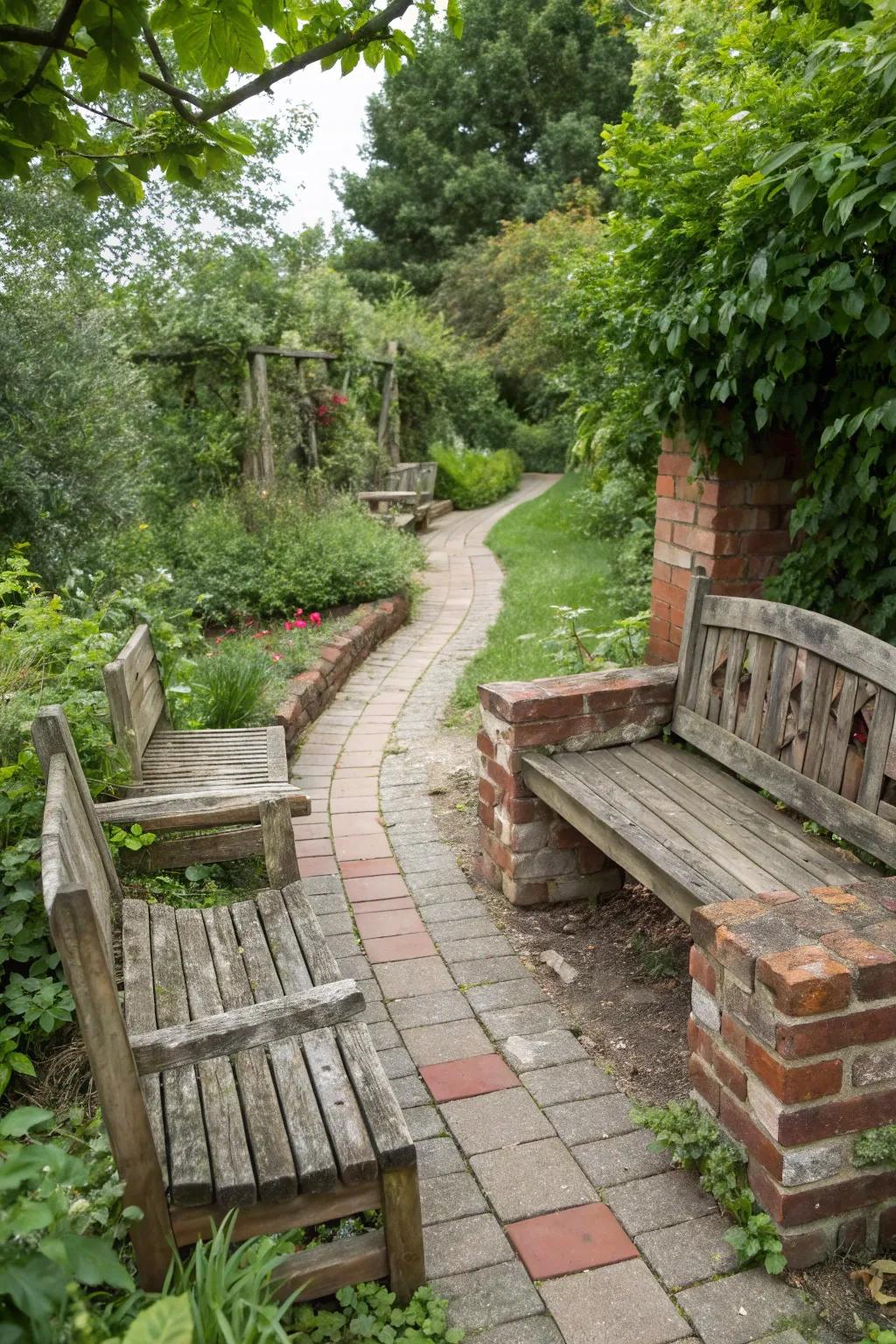 Reused materials add character and sustainability to garden hardscaping.