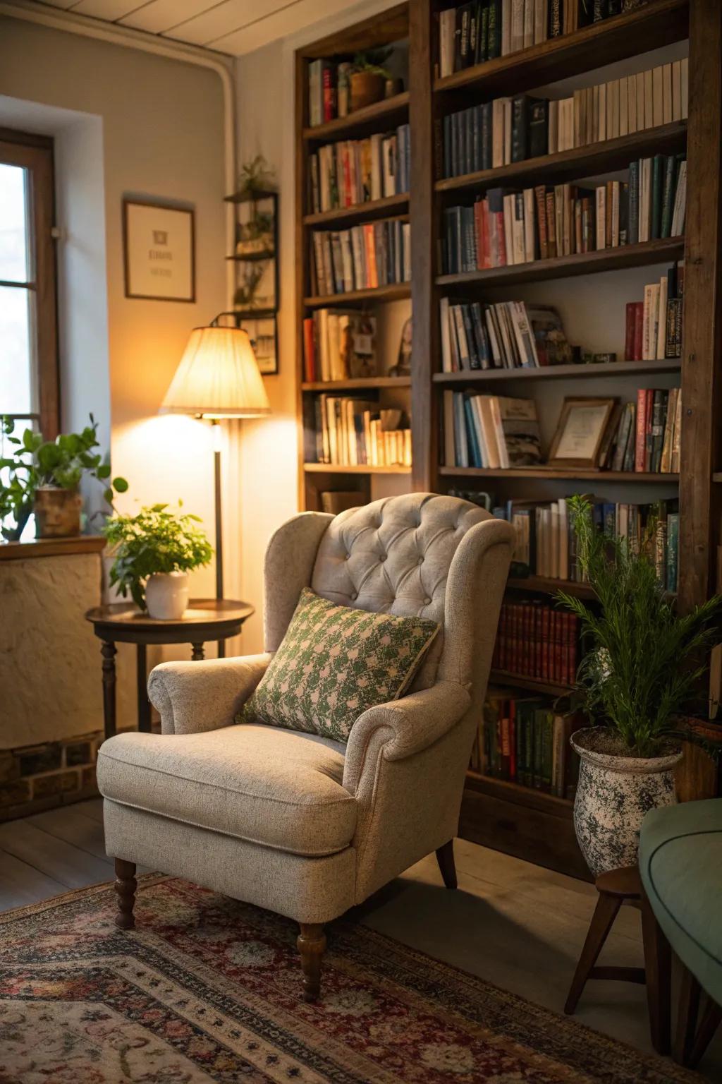 A reading nook showcasing a charming vintage armchair.