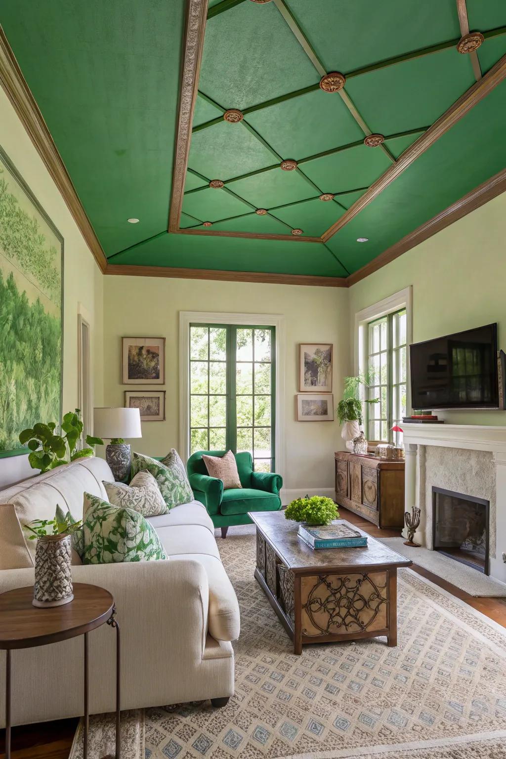 A verdant-painted ceiling presents a delightful surprise.