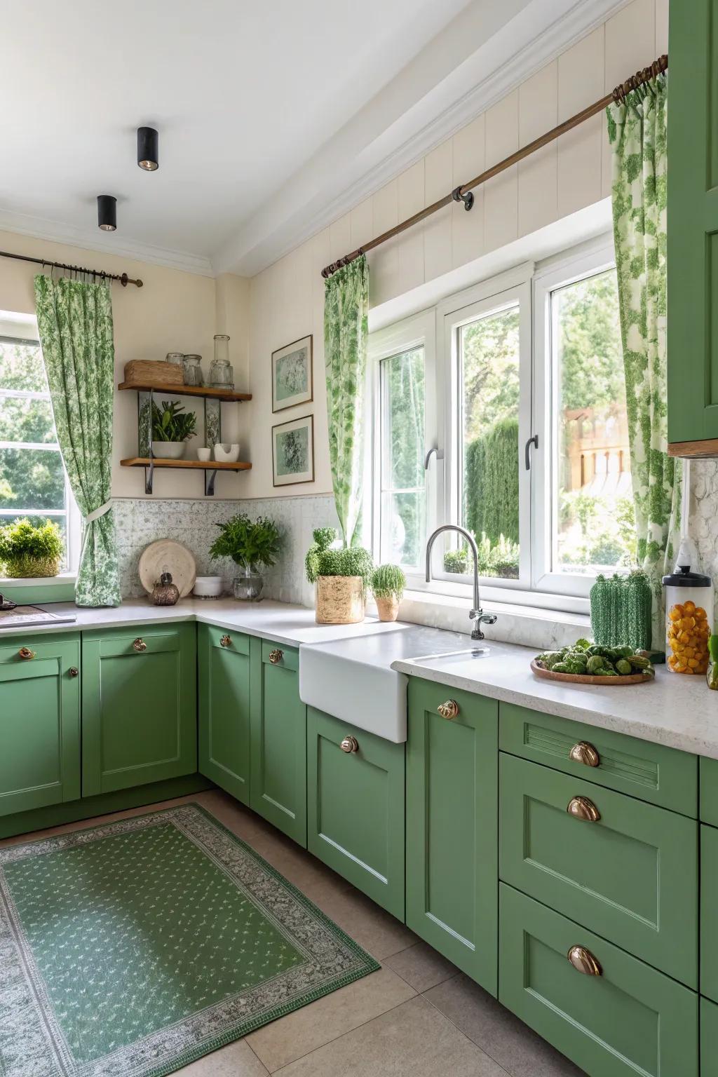 Green cabinets imparting a sense of freshness to the kitchen.
