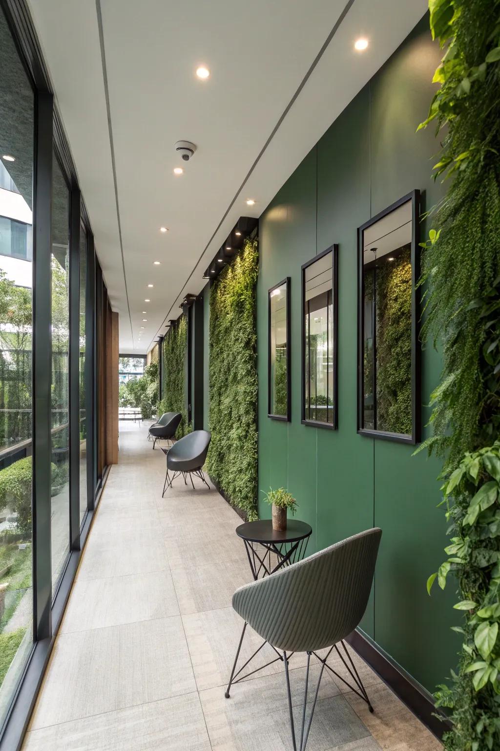 In a fashionable hallway, reflectors improve the appeal of a green wall.