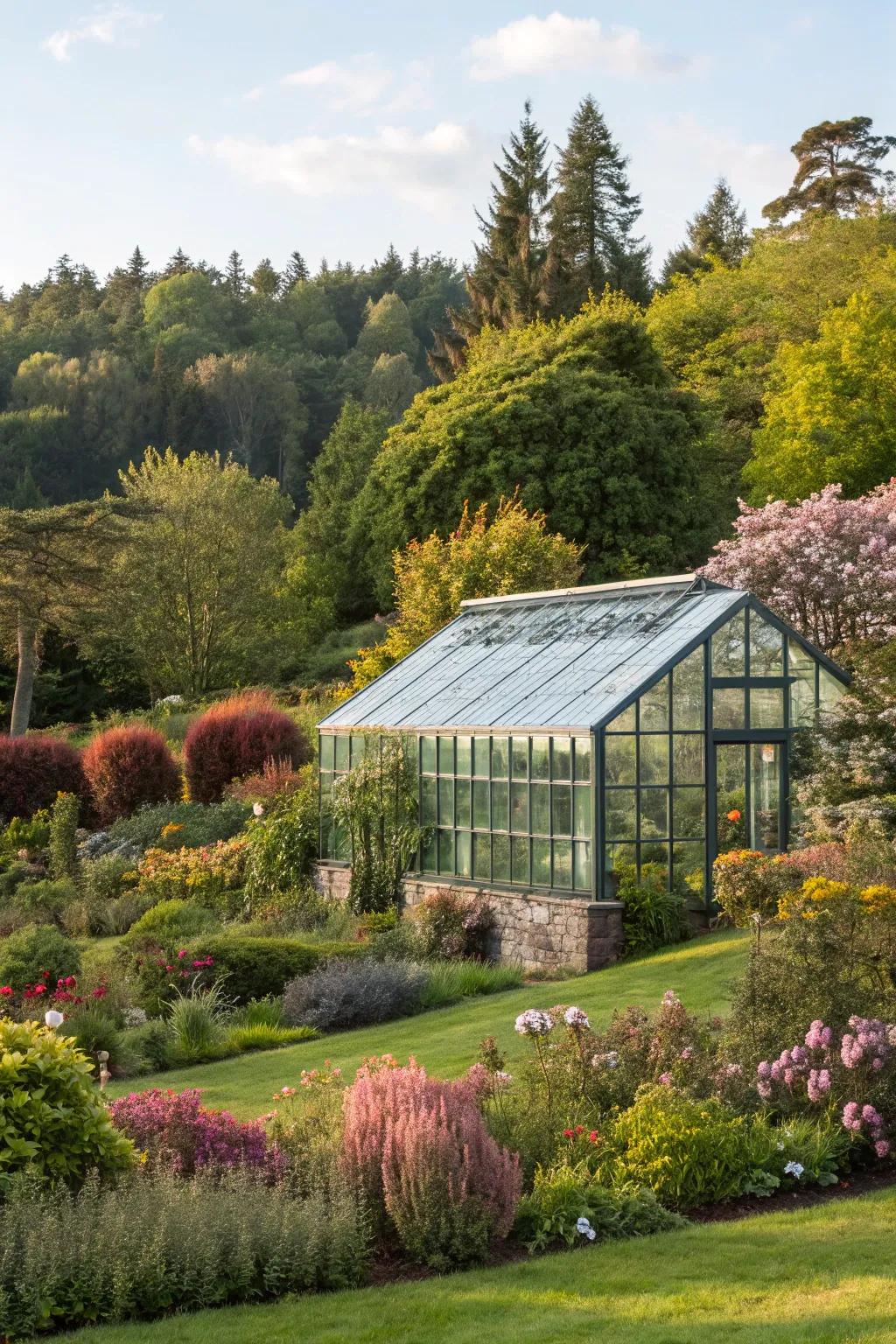 A greenhouse that fits well with its garden setting.