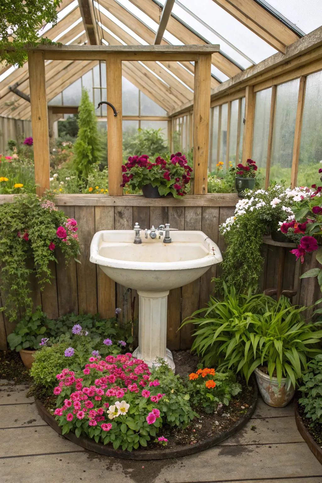 An enchanting sink garden adds color and charm to a greenhouse.