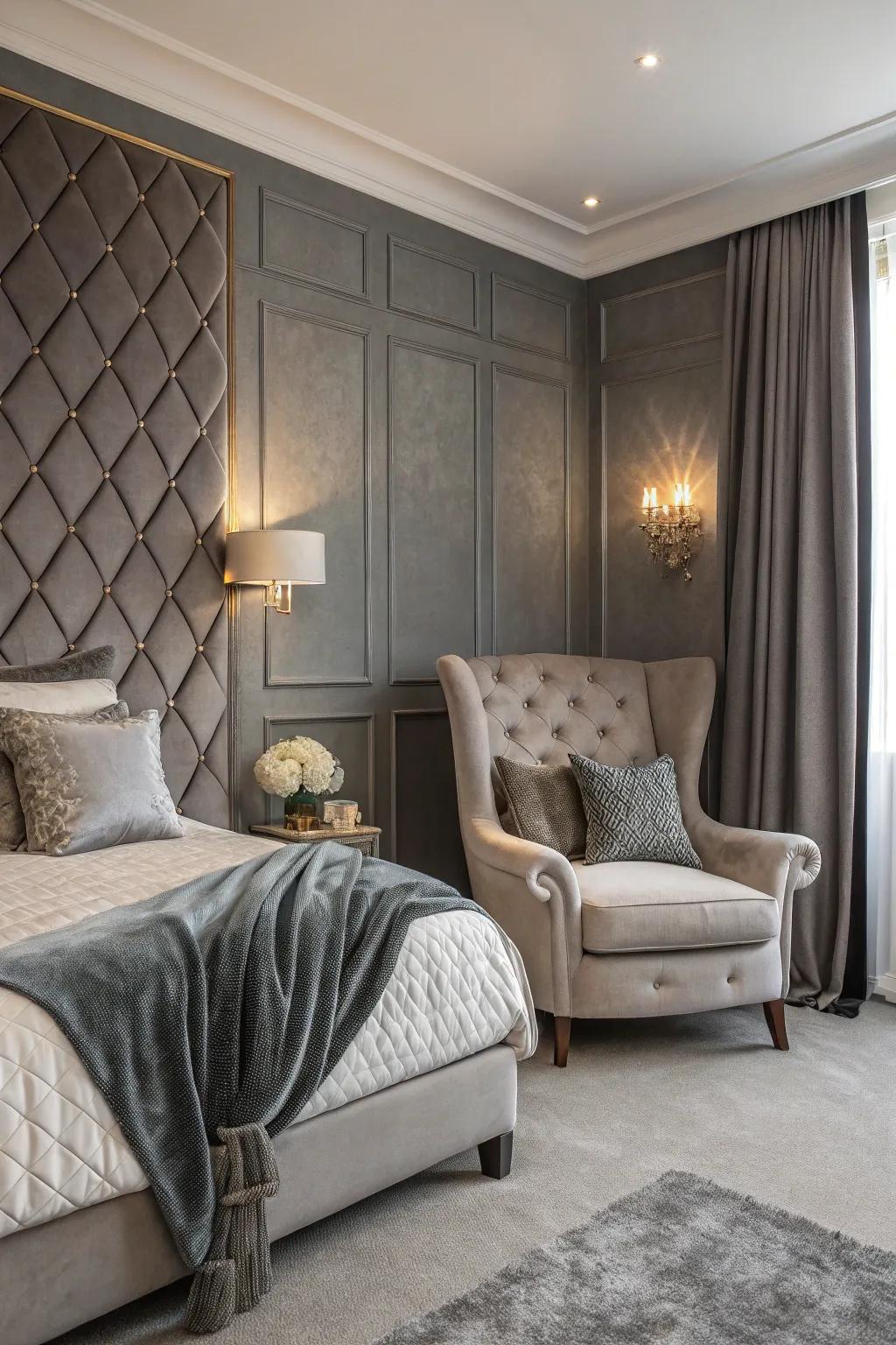 Velvet textures enhance the luxury of this grey feature wall.
