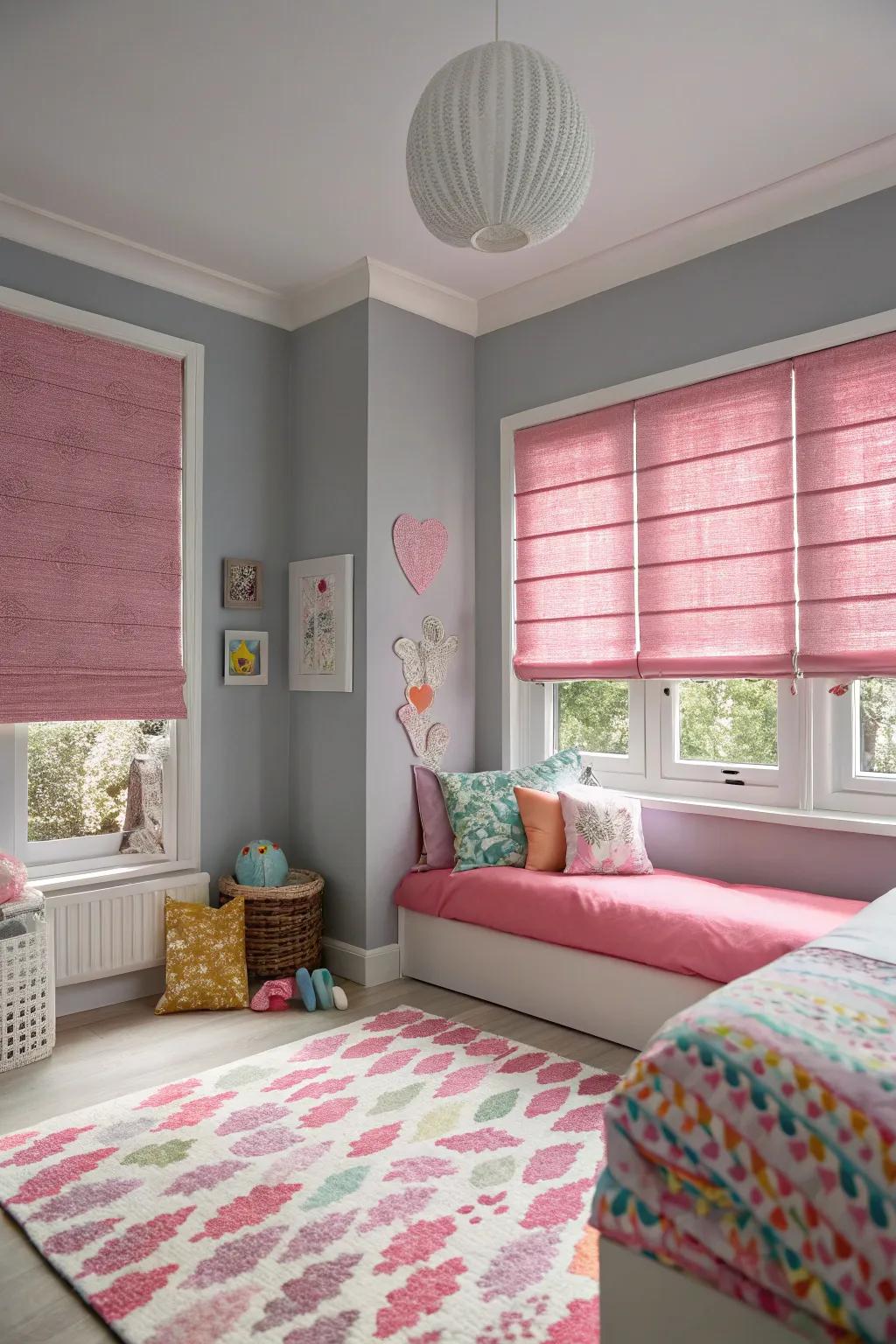 Rose window coverings contribute a playful twist when considering a graphite paired with rose decor layout.