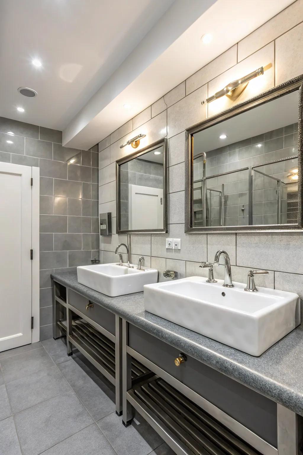 Metallic accents add a touch of luxury to the grey and white palette.