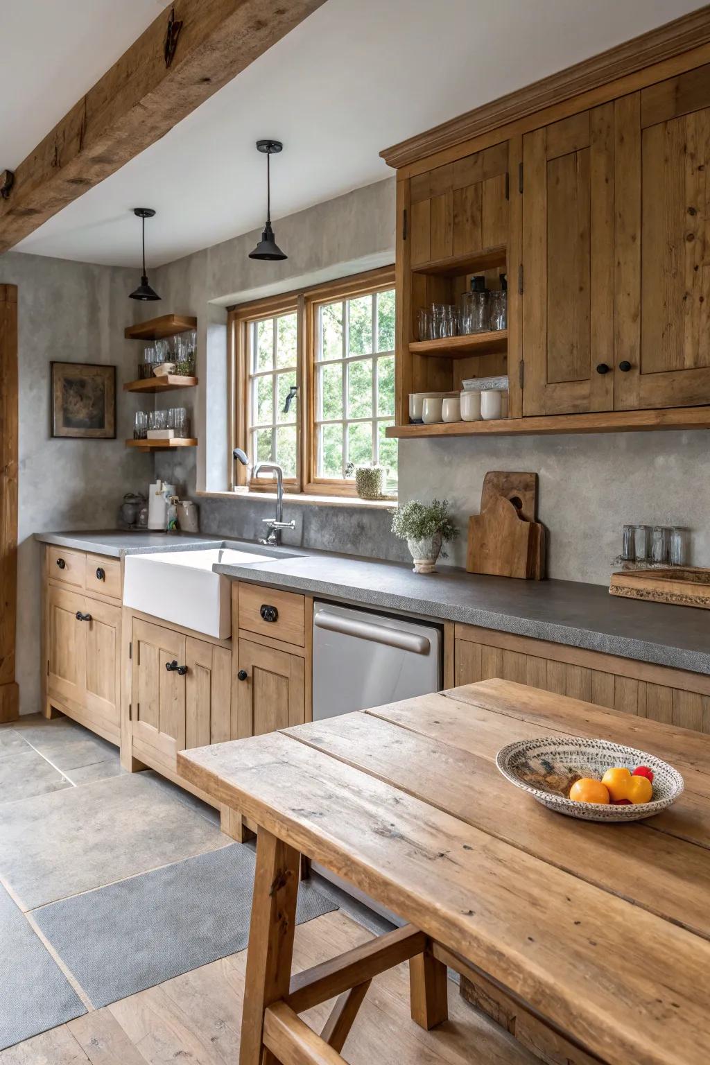 A rustic kitchen that features a modern twist with the inclusion of grey countertops.