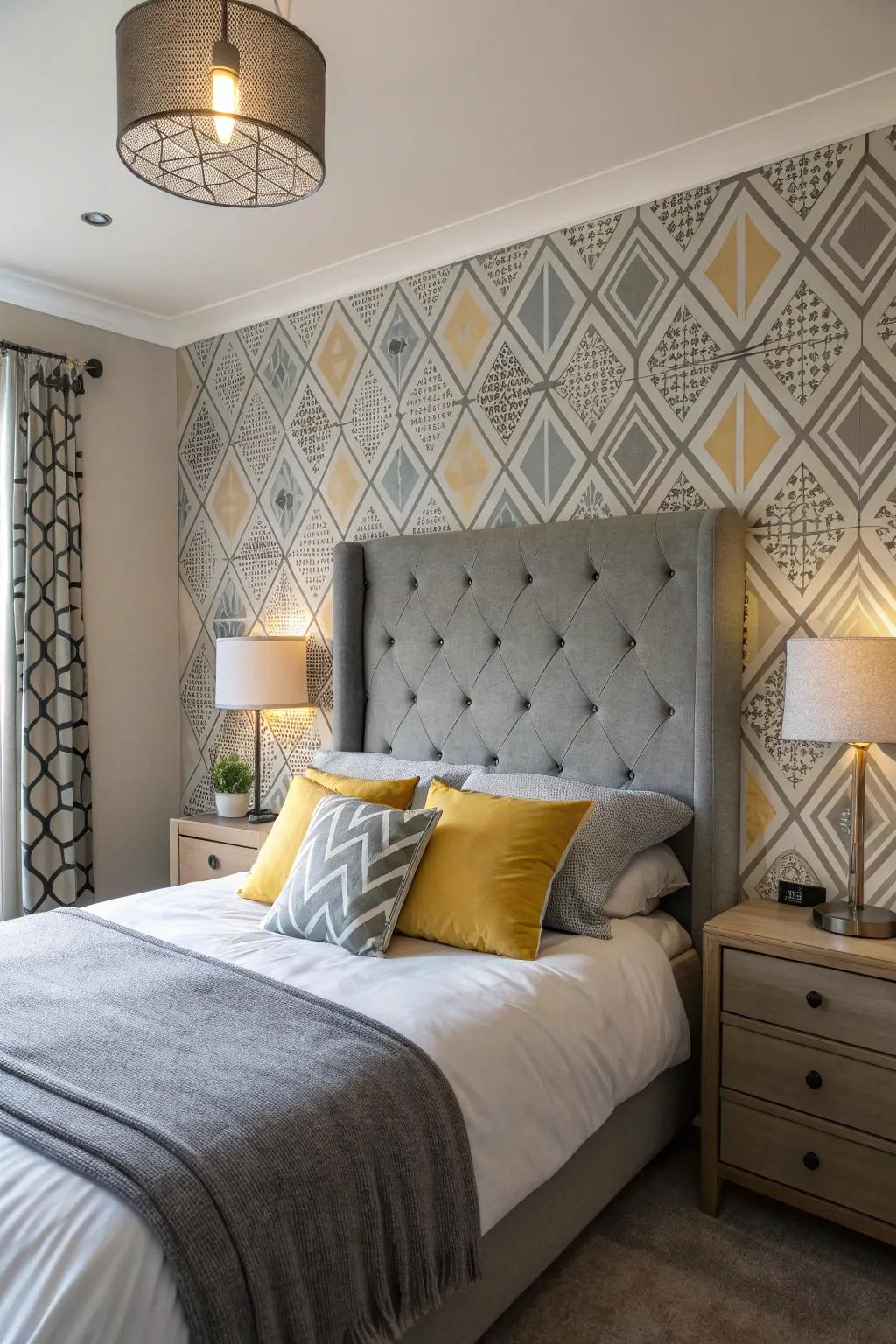 Geometric designs add a modern twist to a bedroom with a grey headboard.