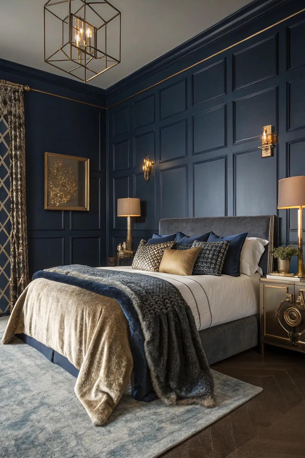 A guest room featuring deep midnight blue walls for an elegant touch.