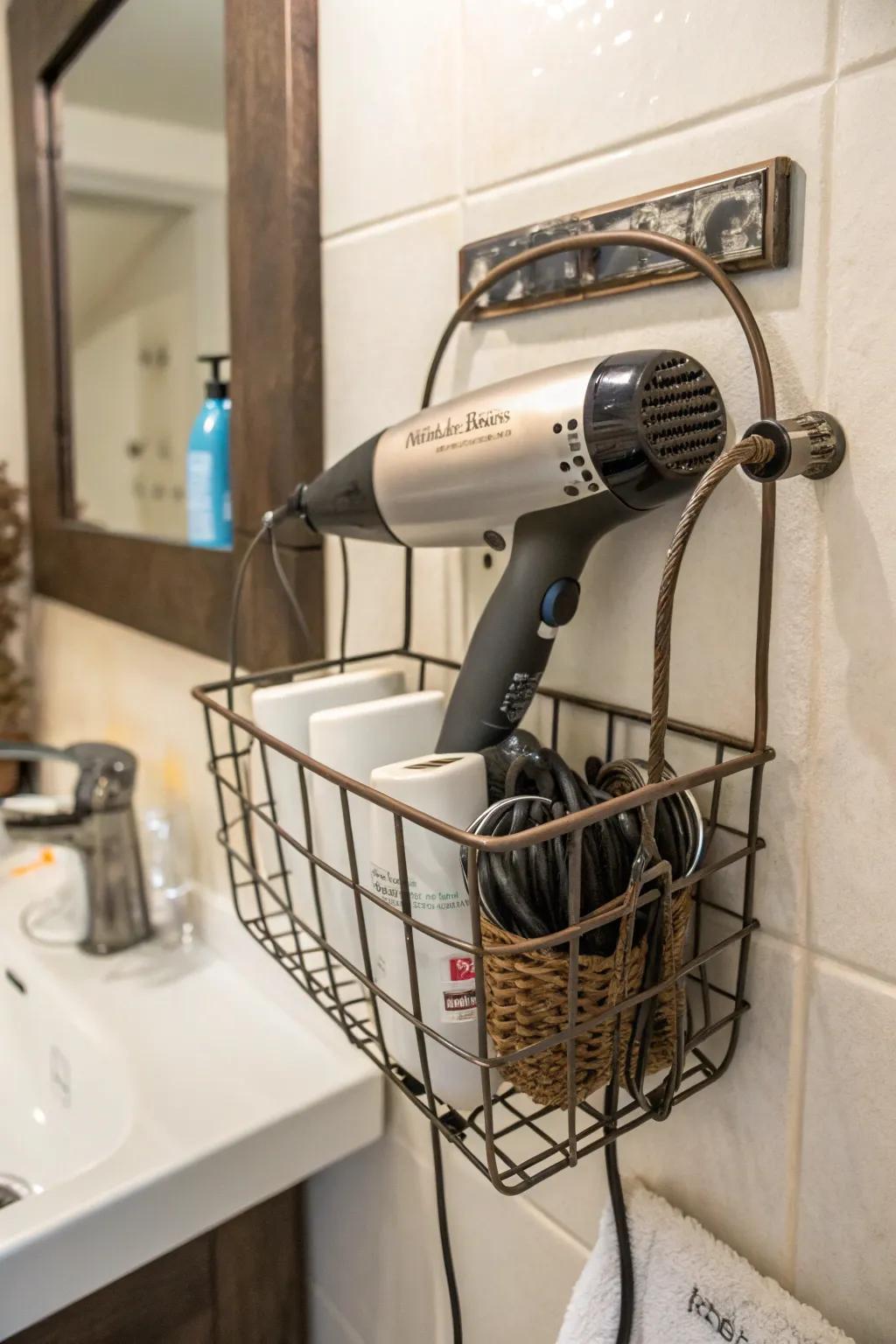 Rustic charm thanks to repurposed garden baskets designed to hold hair tools.