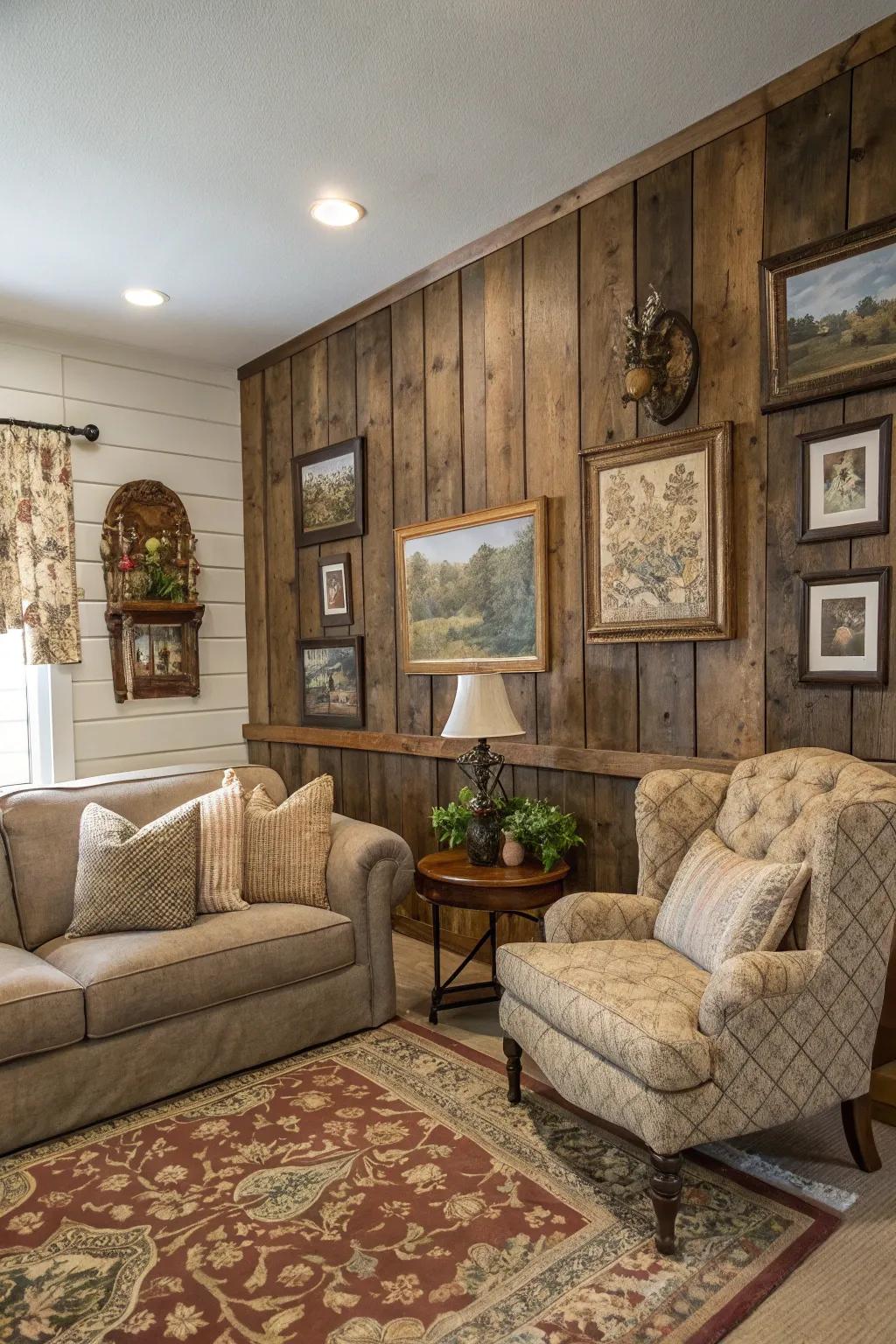 Invite nostalgia through weathered lumber paneling.