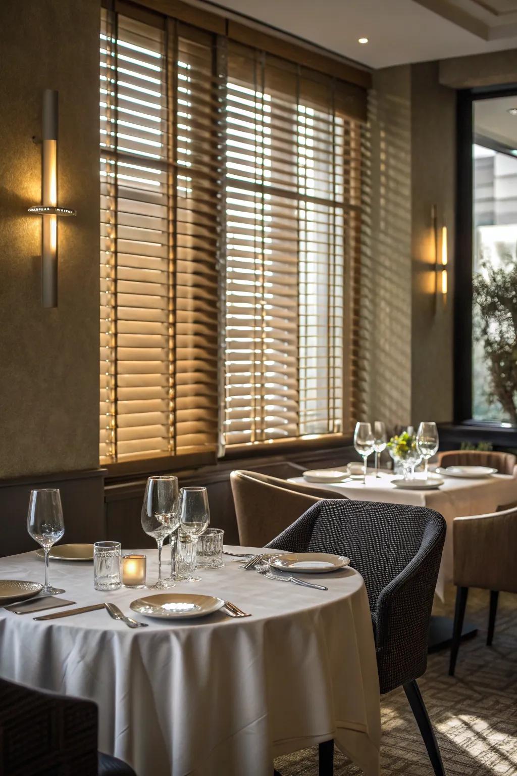An elegant dining room is outfitted with half Venetian window coverings.
