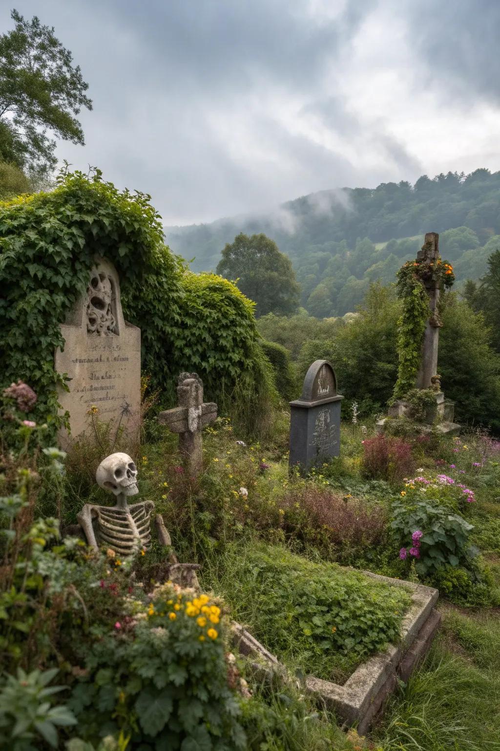 Alter your garden into a graveyard through bone replicas and gravestones.