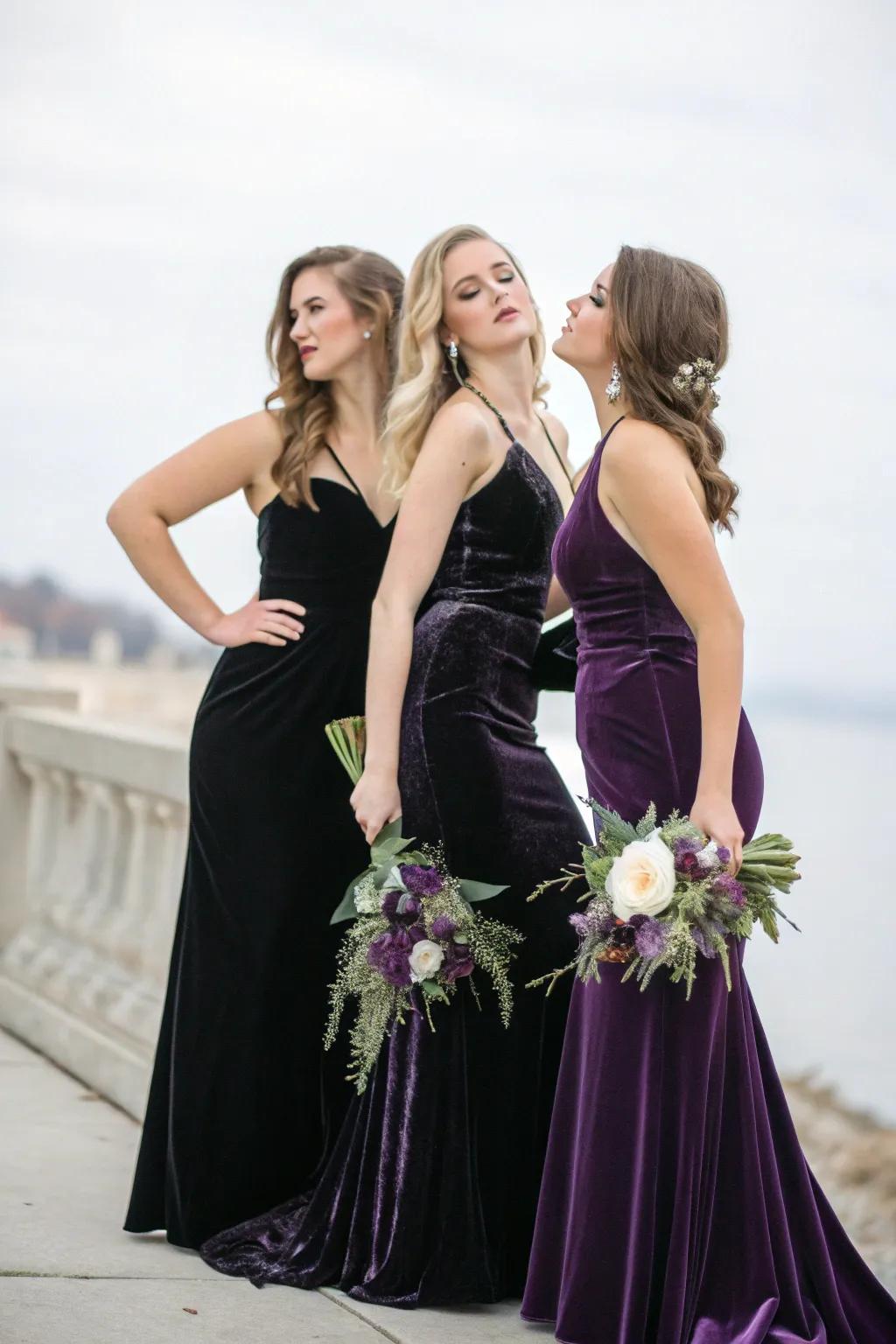 Gothic bridesmaid apparel contributes depth and drama.