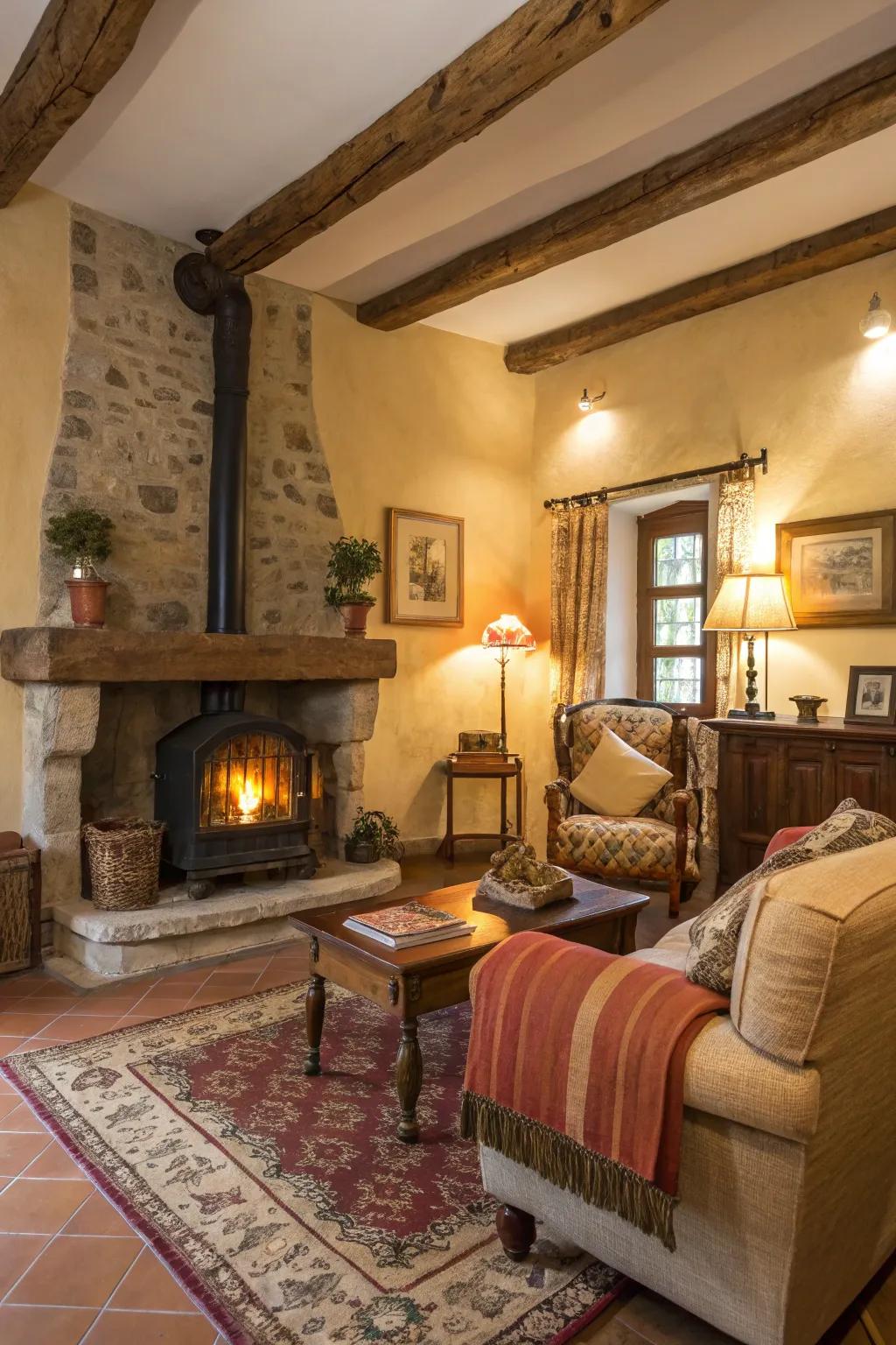 A traditional living space enhanced by a heat-storing heater, performing both as a functional and decorative element.
