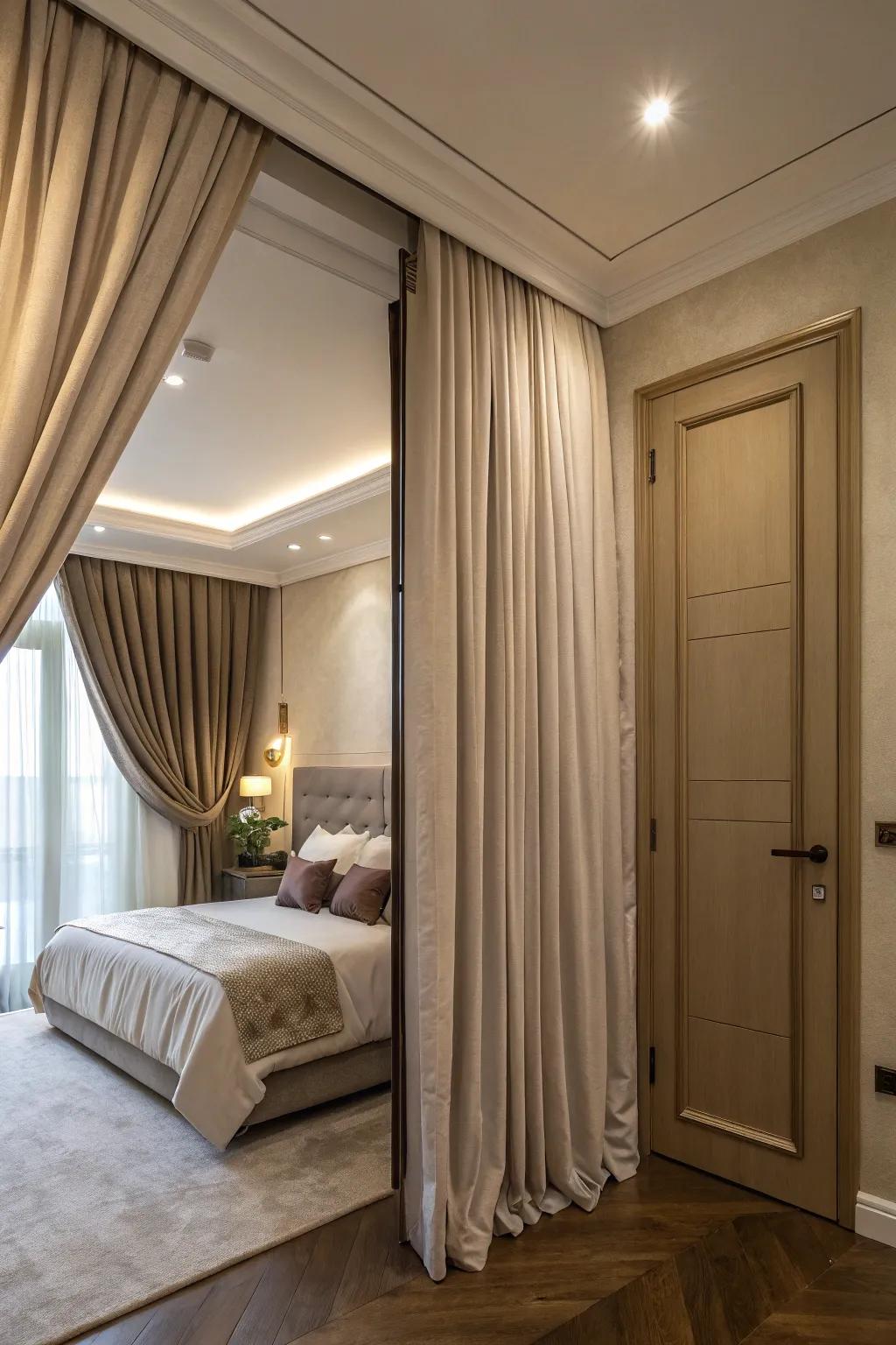 A bedroom featuring a secret entrance concealed by drapes.