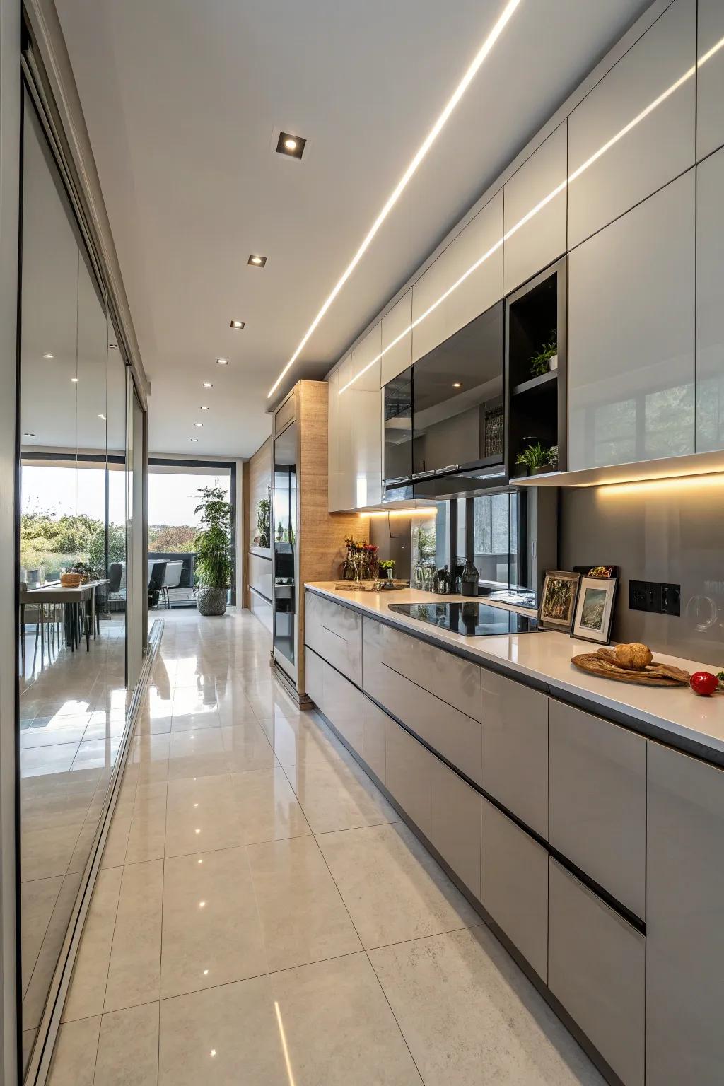 The impression of a larger cooking area is given by reflective cabinetry.