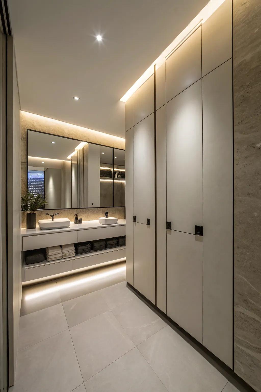 Structural framework in a bathroom hiding storage solutions.
